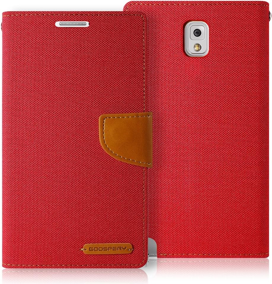 Galaxy Note 3 Case, [Drop Protection] GOOSPERY Canvas Diary [Denim Material] Wallet Case [ID Credit Card and Cash Slots] with Stand Flip Cover for Samsung Galaxy Note 3 - Red/Camel
