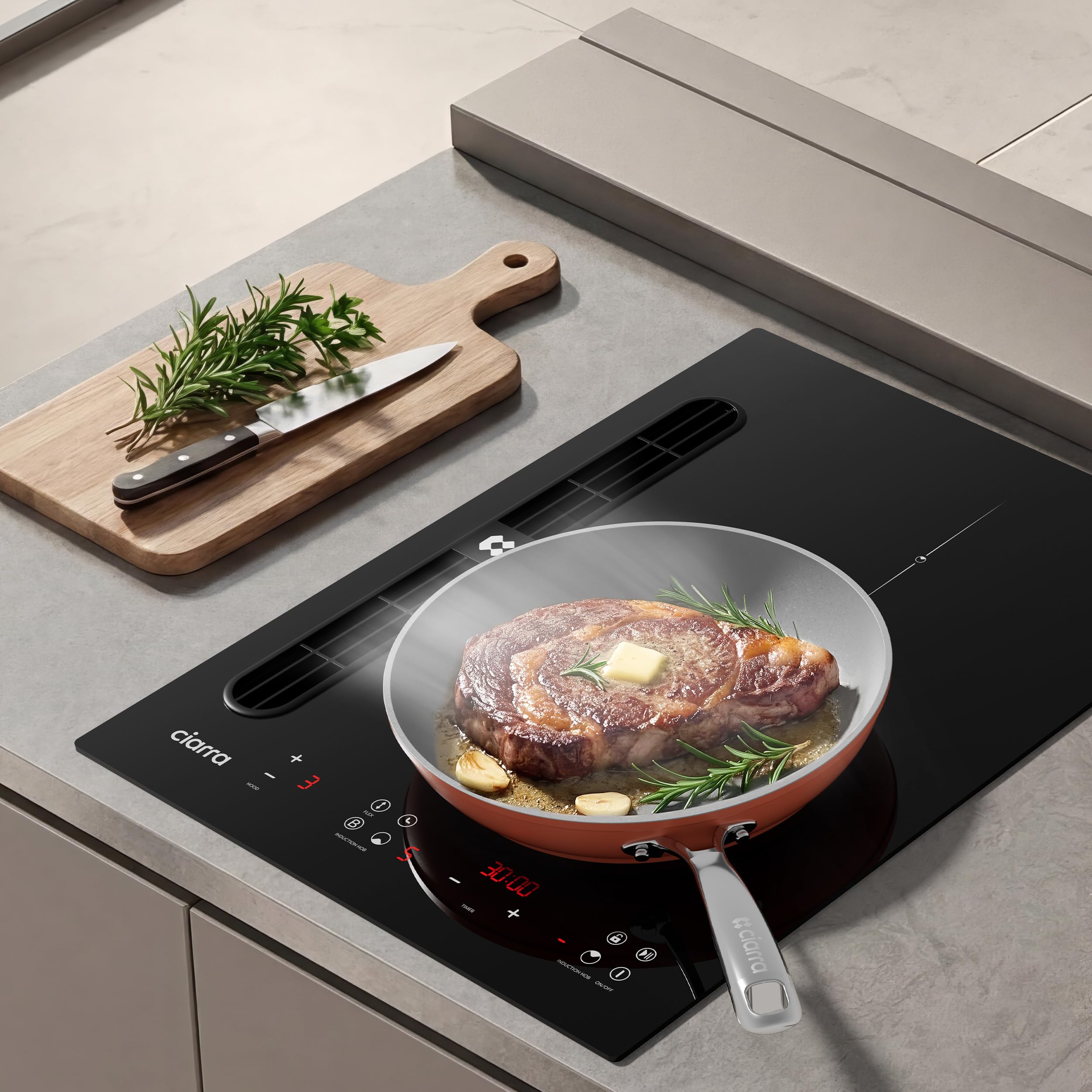 CIARRA ONE CBBEH392BF Plaque de cuisson à induction avec hotte aspirante, hotte de table intégrée, 39 cm, 2 plaques, Flexzone, 9 niveaux, sécurité enfant, minuterie, Stop & Go Booster