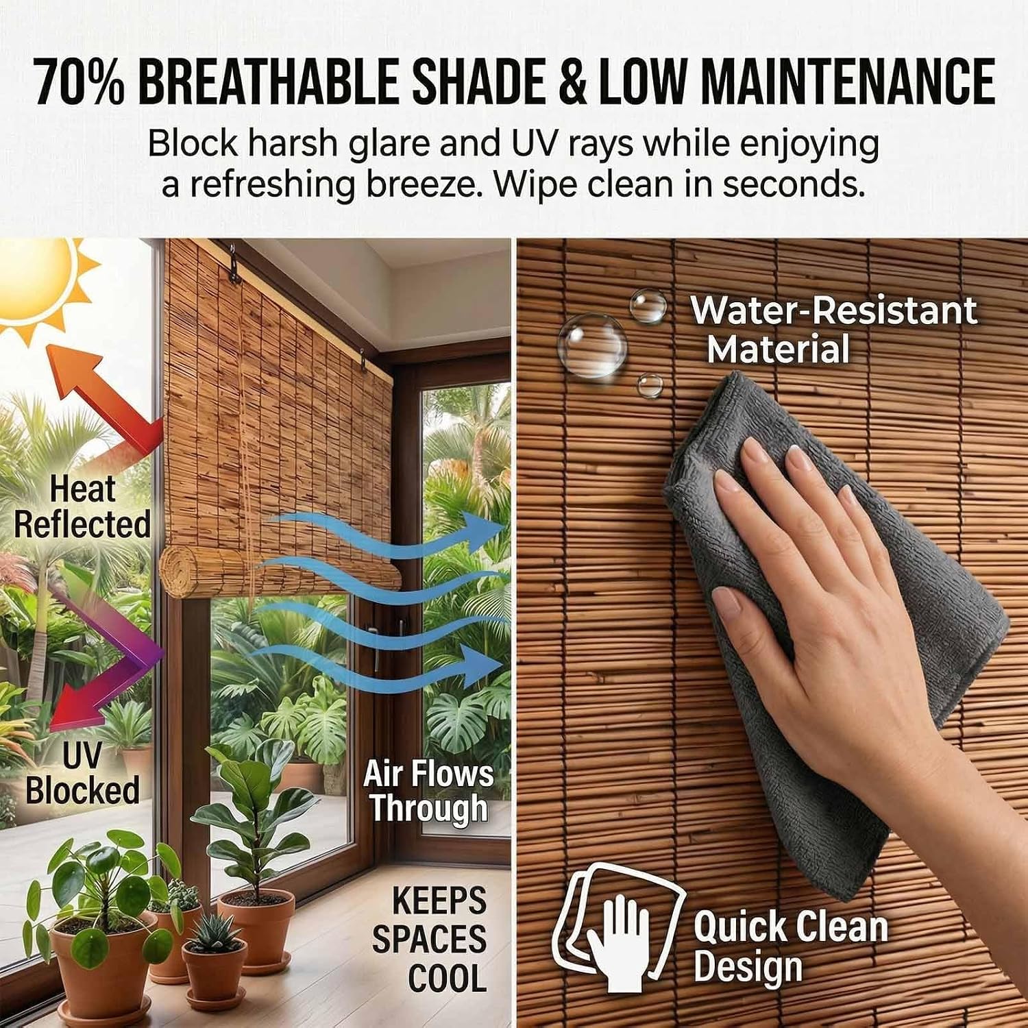 Natural Reeds Bamboo Blinds for Outdoor Patio, Light Filtering Zen Garden Privacy Shield, 42" 53" 60" 65" 72" Balcony and Pergola Sun Shading Window Treatments(72" W x 64" H)