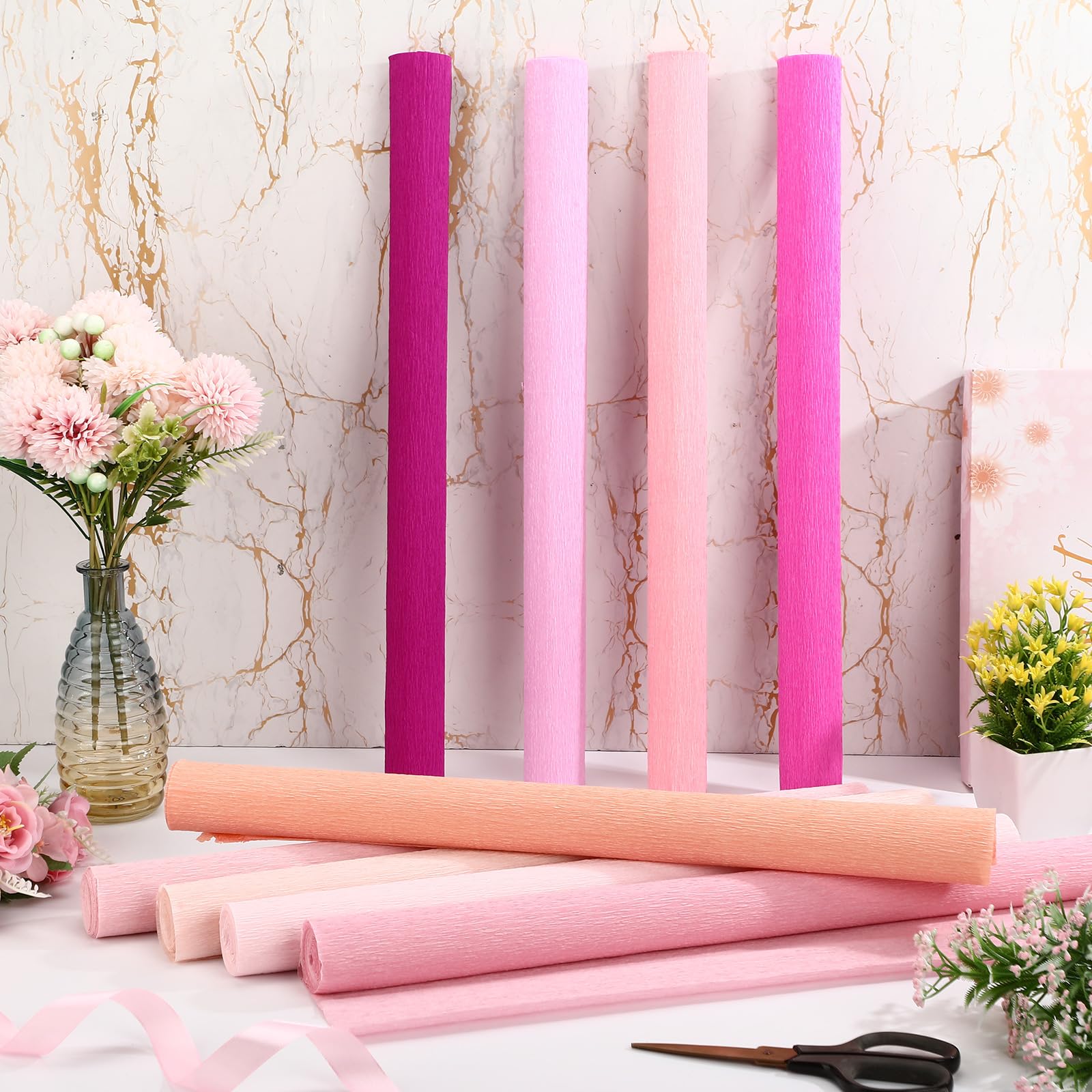 Kisston Lot de 18 rouleaux de papier crépon de 50,8 cm de large et 2,4 m de large, 70 g - Fournitures d'emballage de fleurs pour fête d'anniversaire, mariage, festival, décoration (rose)