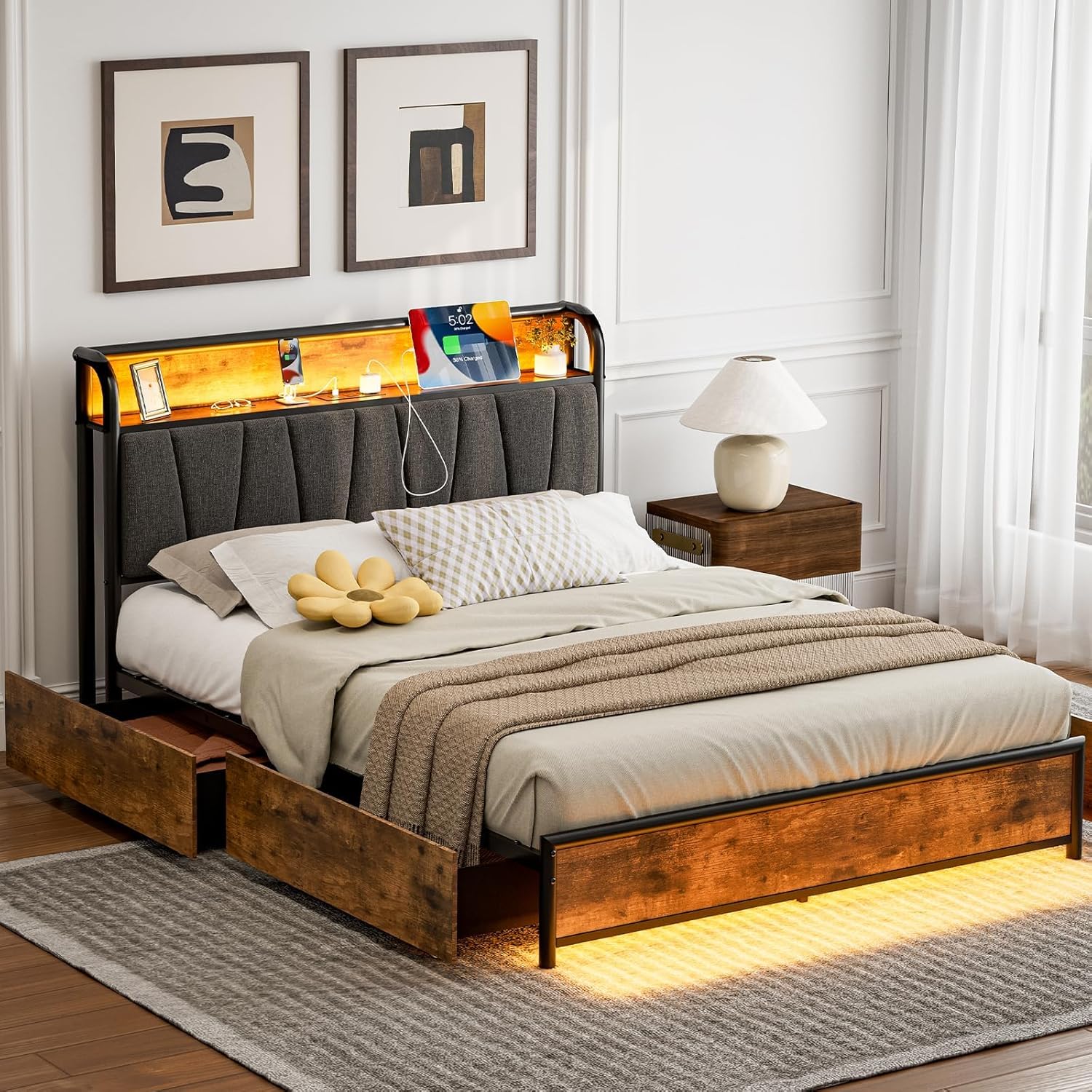 Close-up of the headboard charging station with devices plugged in