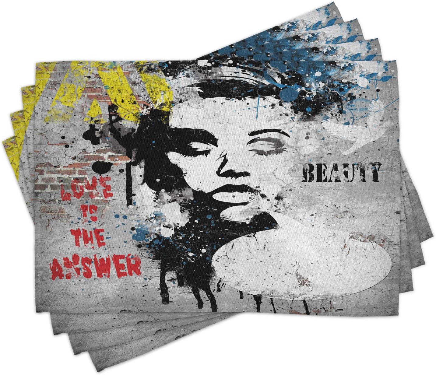 Limited Discount Lunarable Graffiti Place Mats Set of 4, Modern and Grunge Wall a Girl and Words Casual Youth Urban Fashion Print, Washable Fabric Placemats for Dining Table, Standard Size, Grey Yellow