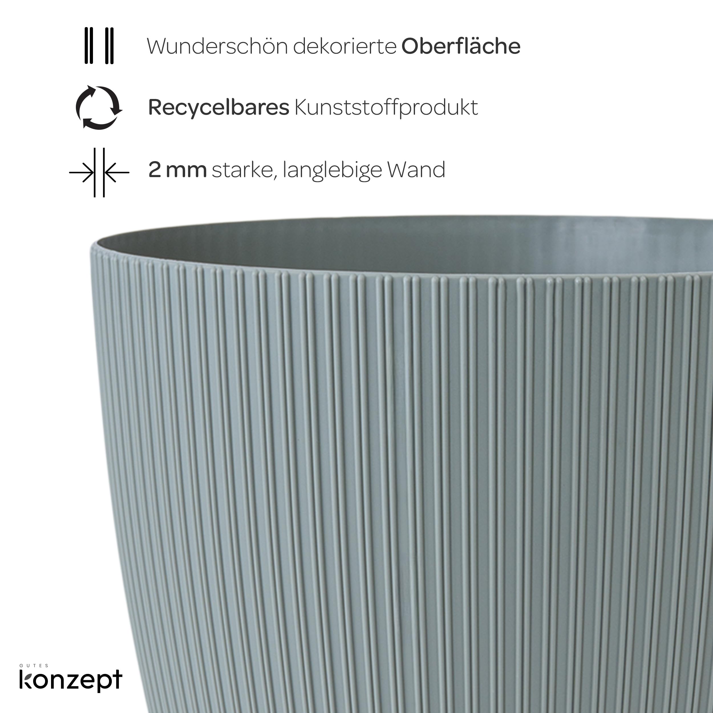 KONZEPT - Vaso da fiori grande, antracite, struttura scanalata, 26 cm, vasi per piante da interno, in plastica, ideale per soggiorno, cucina e balcone