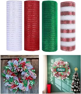 4 Rolls Deco Mesh Ribbon for Christmas Wreath Making Supplies, 10Inch x 30Ft Metallic Burlap Mesh White Red Green Deco Mesh Rolls for Christmas Tree New Year Winter DIY Crafts Wreaths Swags