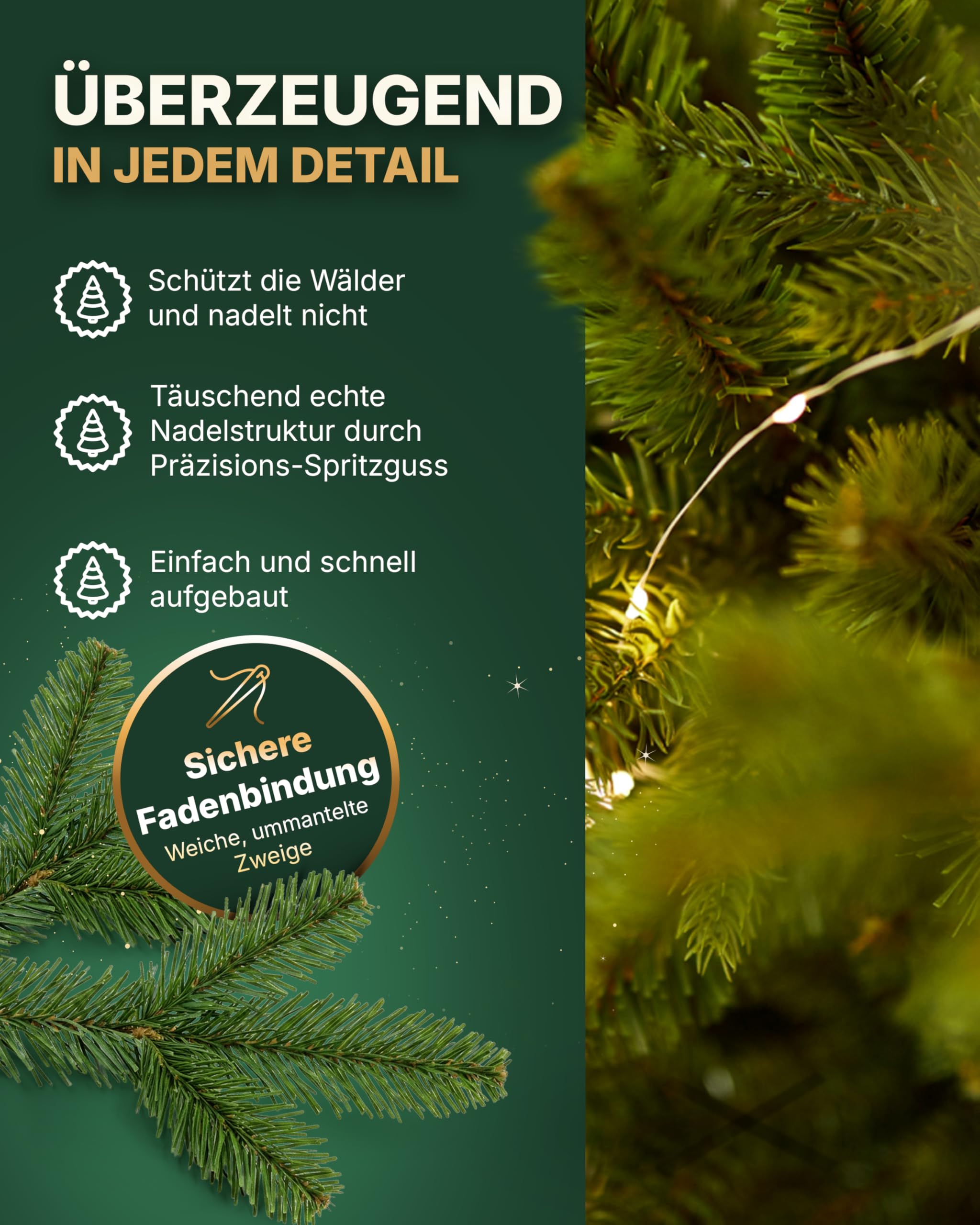 Künstlicher Weihnachtsbaum 180cm Nordmanntanne I Tannenbaum Künstlich inkl. Holzständer I Hochwertige Äste aus PVC I Dichte Nadeln I Hergestellt in der EU