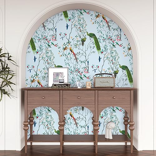 Miniatura 5 de VEELIKE Papel tapiz vintage de pavo real azul claro para despegar y pegar, papel tapiz de pájaro chinoiserie para dormitorio, baño, 17.7 x 354