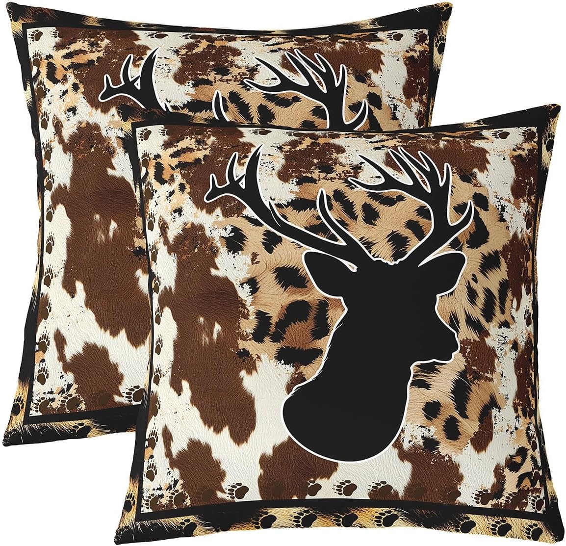 Rustic Deer Throw Pillow Covers 22"x22" Set of 2 Soft Cow Fur Deer Pillow Cases Cushion Covers Bedroom Decor Leopard Print Decorative Throw Pillowcases Farmhouse Deer Style Brown Cushion Cases