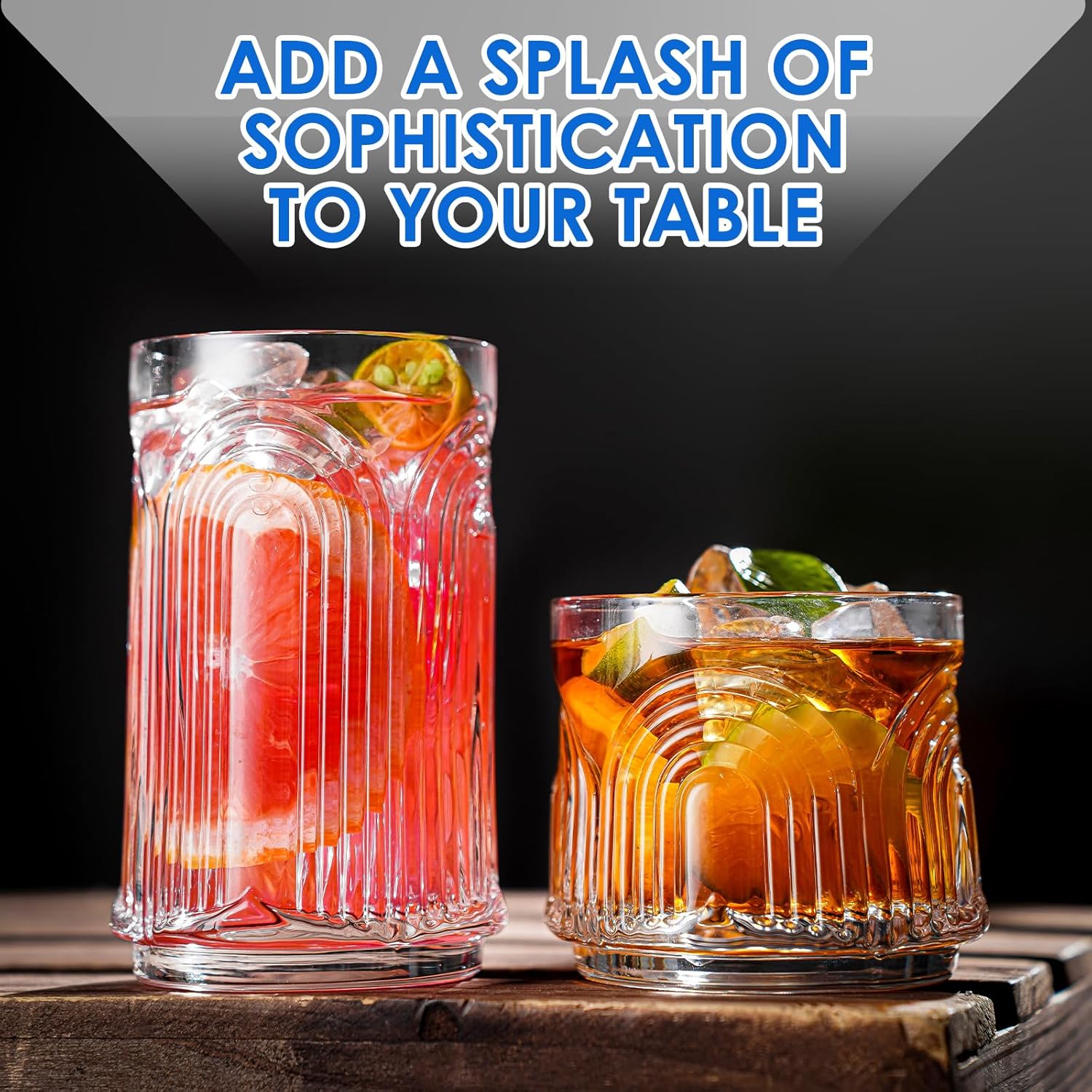 Vintage Drinking Glasses, Art Deco Glassware, Set of 8 Hand-Made Glass Cups-17oz Highball Glasses & 10oz Cocktail Glasses, Ribbed Glassware, Bar Tumbler Set, Kitchen Glass ware - Image 6