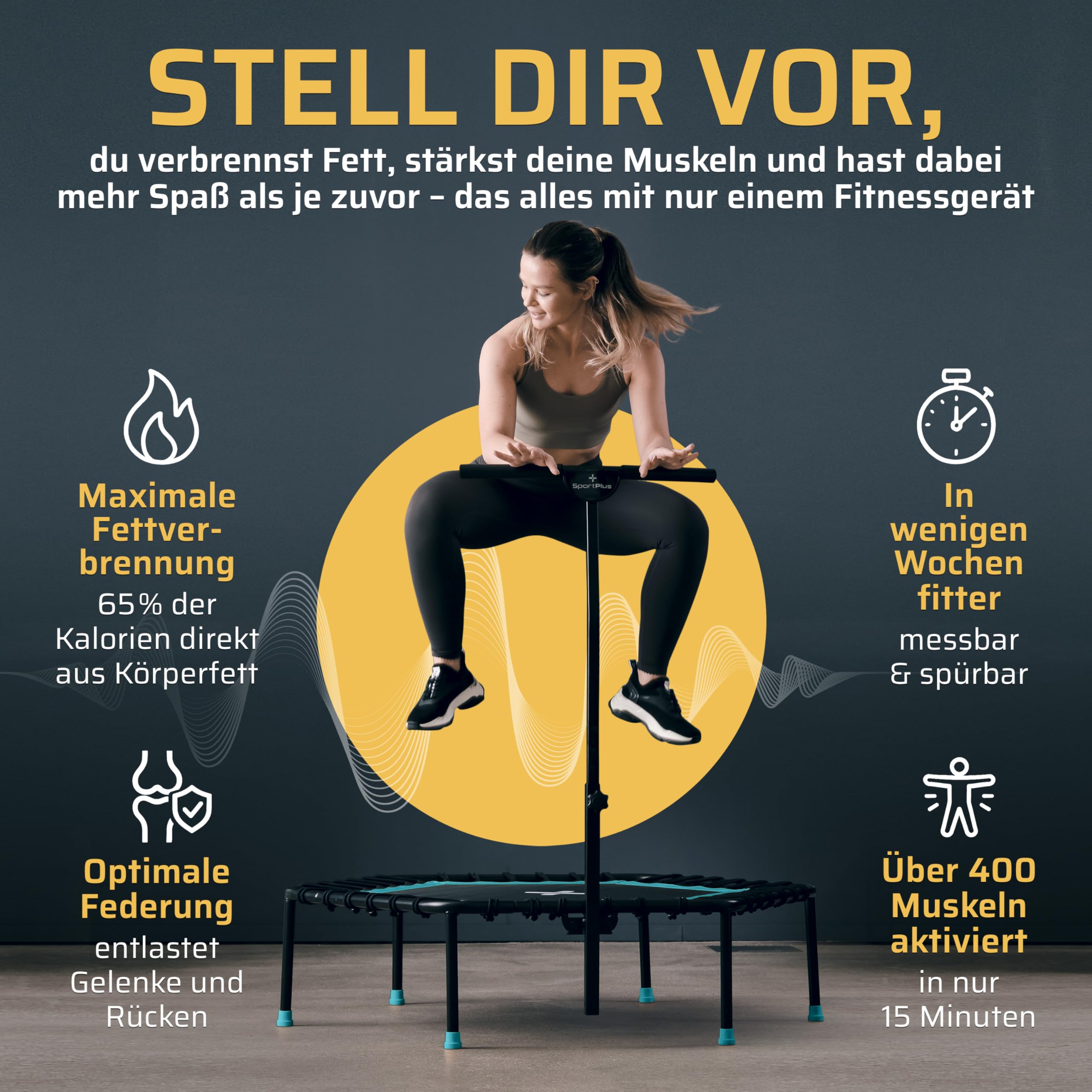 SportPlus Fitness Trampolin Indoor für Zuhause, Trampolin mit Haltestange höhenverstellbar, Gummiseilfederung, Workout & Cardiotraining, Premium-Qualität Designed in Germany 130kg