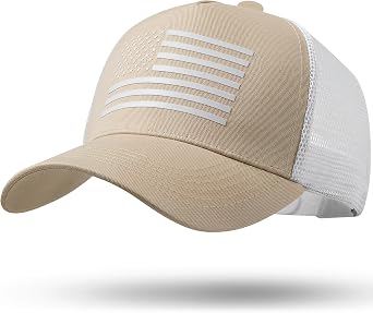 American Flag Trucker Hat,USA Hat for Men Women Snapback Baseball Cap Adjustable Breathable Mesh Side Durable Hats Outdoor Khaki
