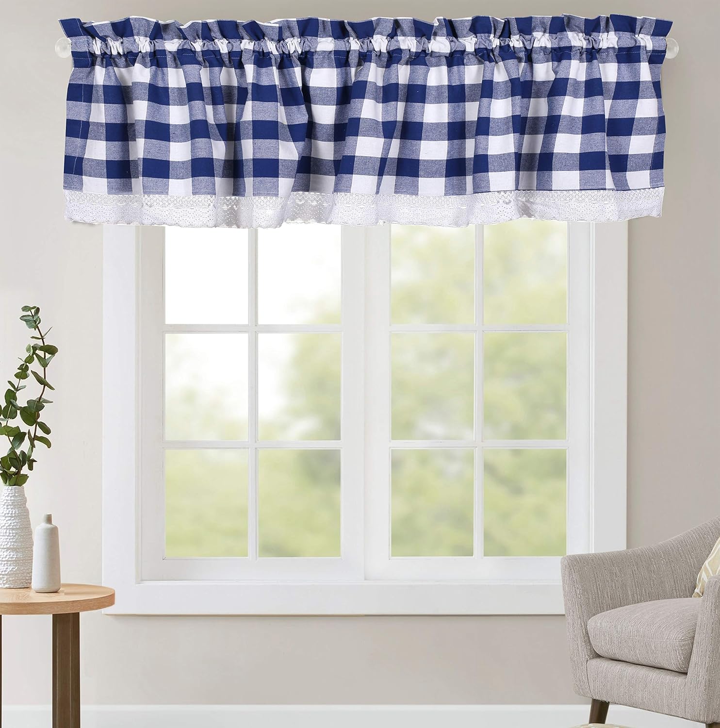 Navy and White Gingham Check Valance With Lace - 2Pack, 16x72 inch, 2 inch Rod Pocket Valances for Kitchen, Bath, Bed and Dining Room