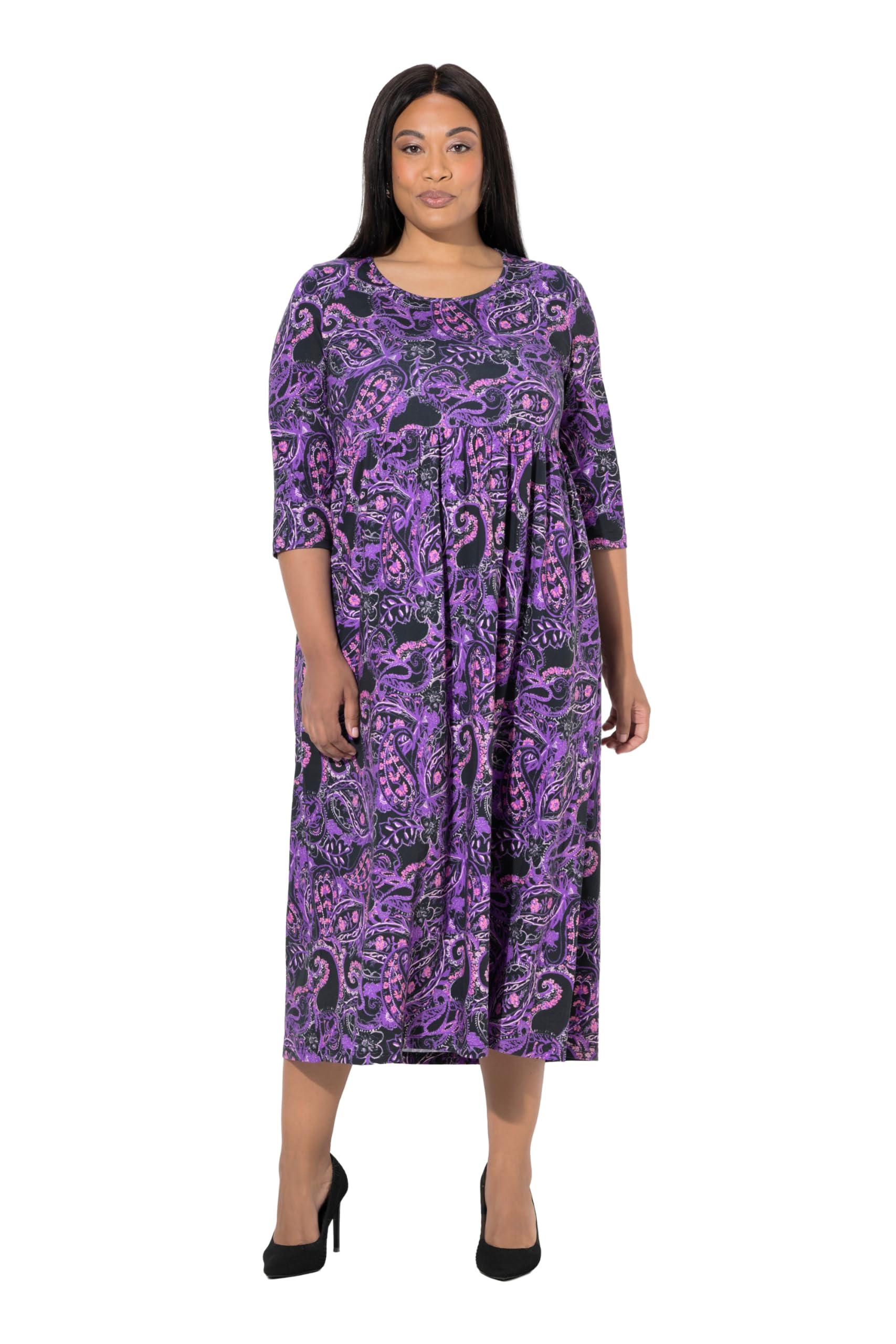Ulla Popken Damen große Größen Übergrößen Plus Size Maxikleid, Paisley, A-Linie, Rundhals, 3/4-Arm, Taschen 846966