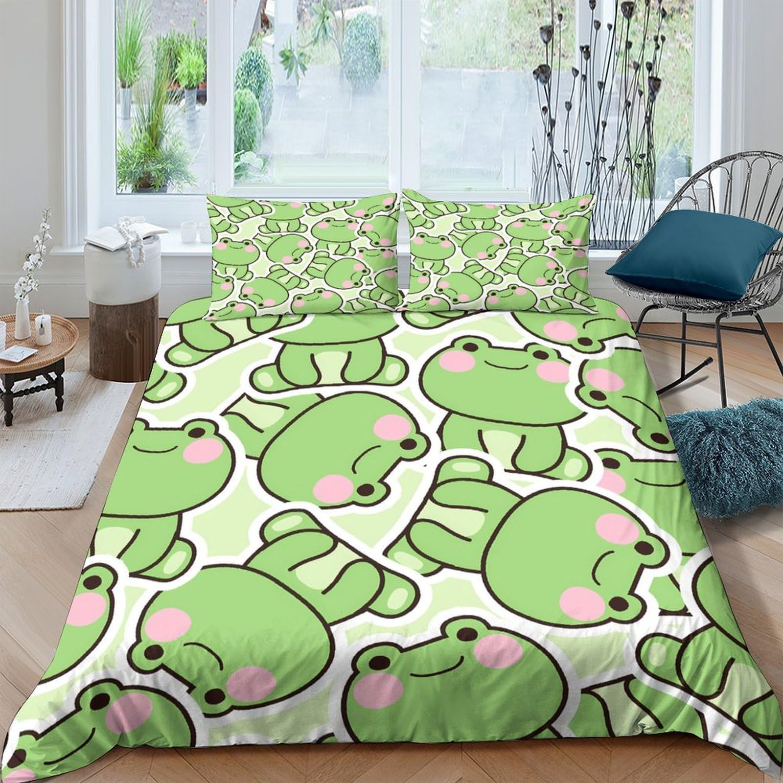TUFRTGYHN 3D Printed Cute Frog Duvet Cover Set Microfiber Green Cartoon Bedding with 2 Pillowcases, Soft Breathable for Bedroom Home Decor Single（135x200cm）