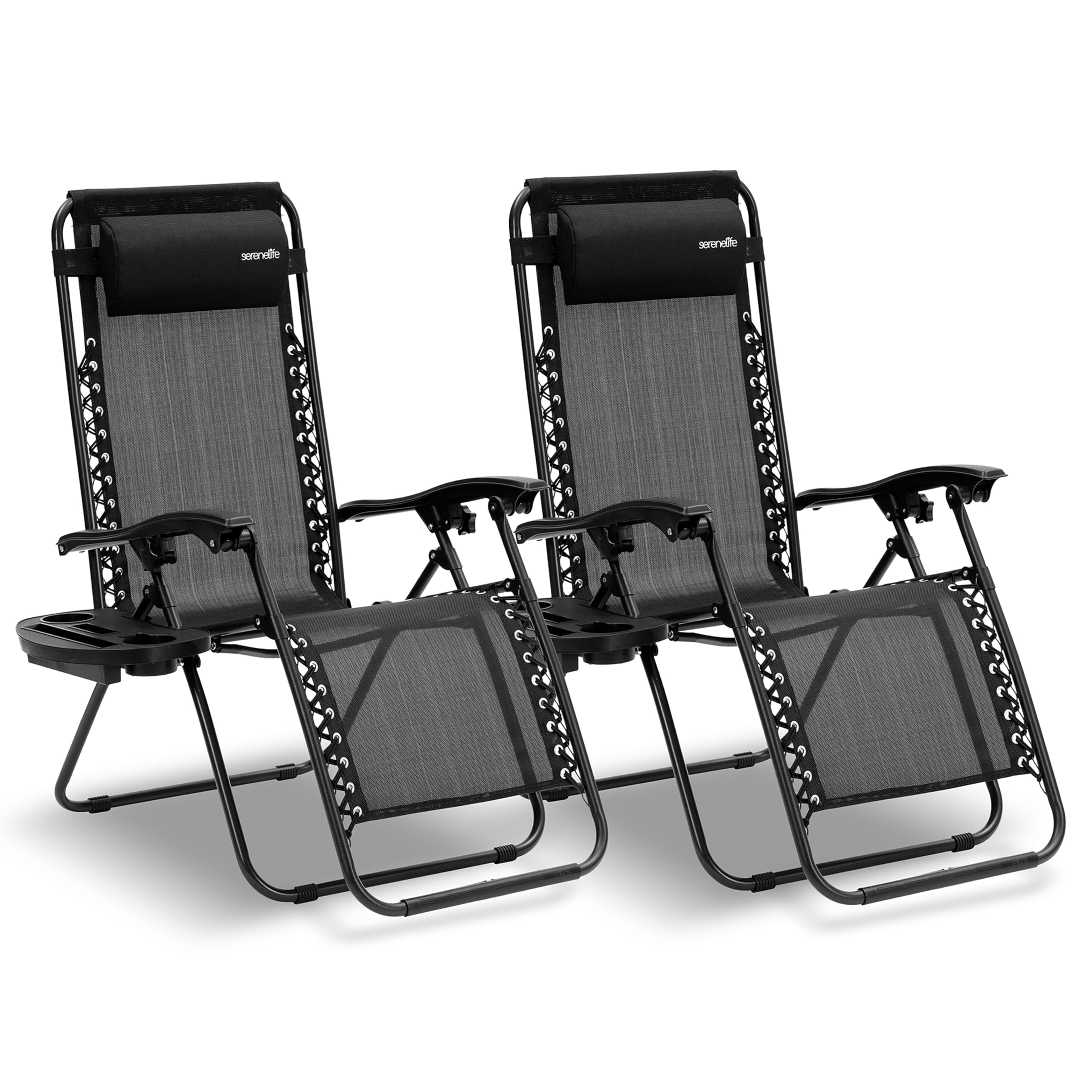 SereneLife Zero Gravity Lounge Chair, Adjustable Steel Mesh Recliners, with Removable Pillows and Cup Holder Trays, Side Tables, Set of 2, Black — image 1