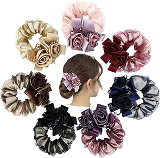 inSowni 7 Pack Sparkly Crystals Pearls Rose Flower Lace Hair Scrunchies Ties Elastics Bands Rubber Hairbands Ponytail Holders Floral Headbands Fancy Decorative Accessories for Women Girls Thick Hair