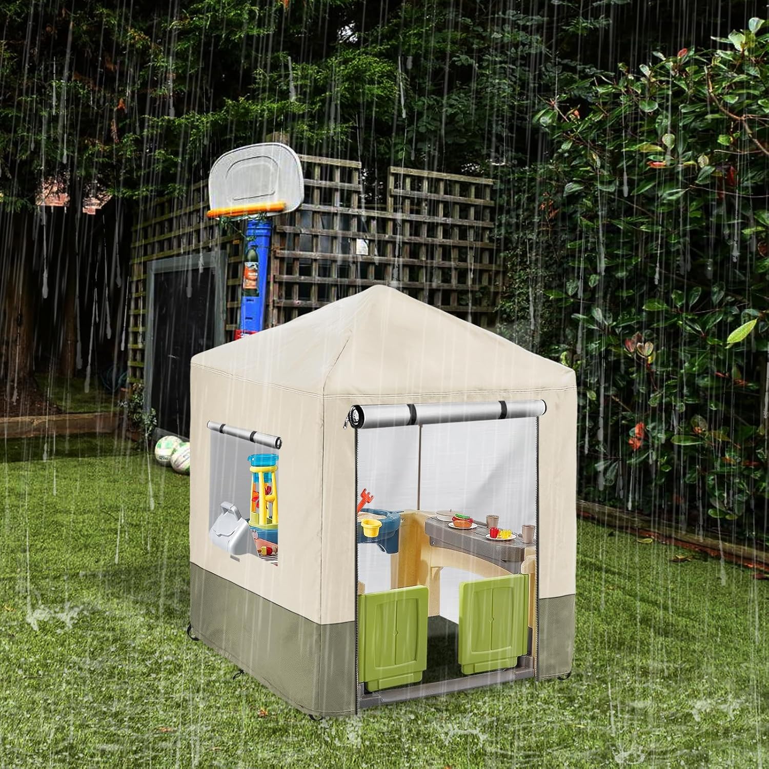 Outdoor Kids Playhouse Cover,600D Heavy Duty Waterproof Play House Covers,56" W x 56" D x 60" H,Suitable for All Around Playtime Patio with Canopy Playset -Beige