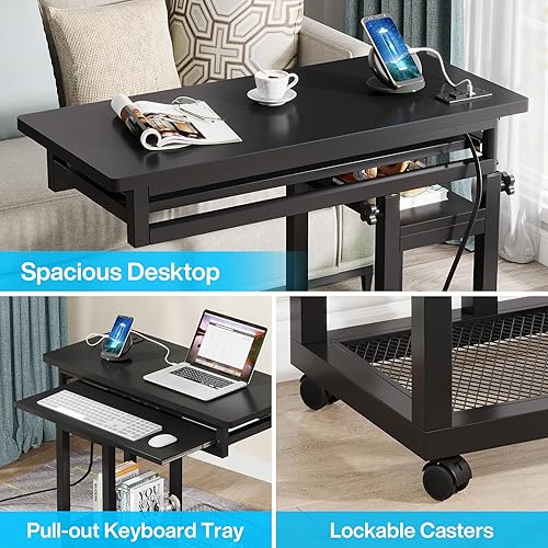Miniatura 7 de Tribesigns Pequeño escritorio portátil con toma de corriente, sofá de altura ajustable, mesita de noche para laptop con ruedas, escritorio móvil de