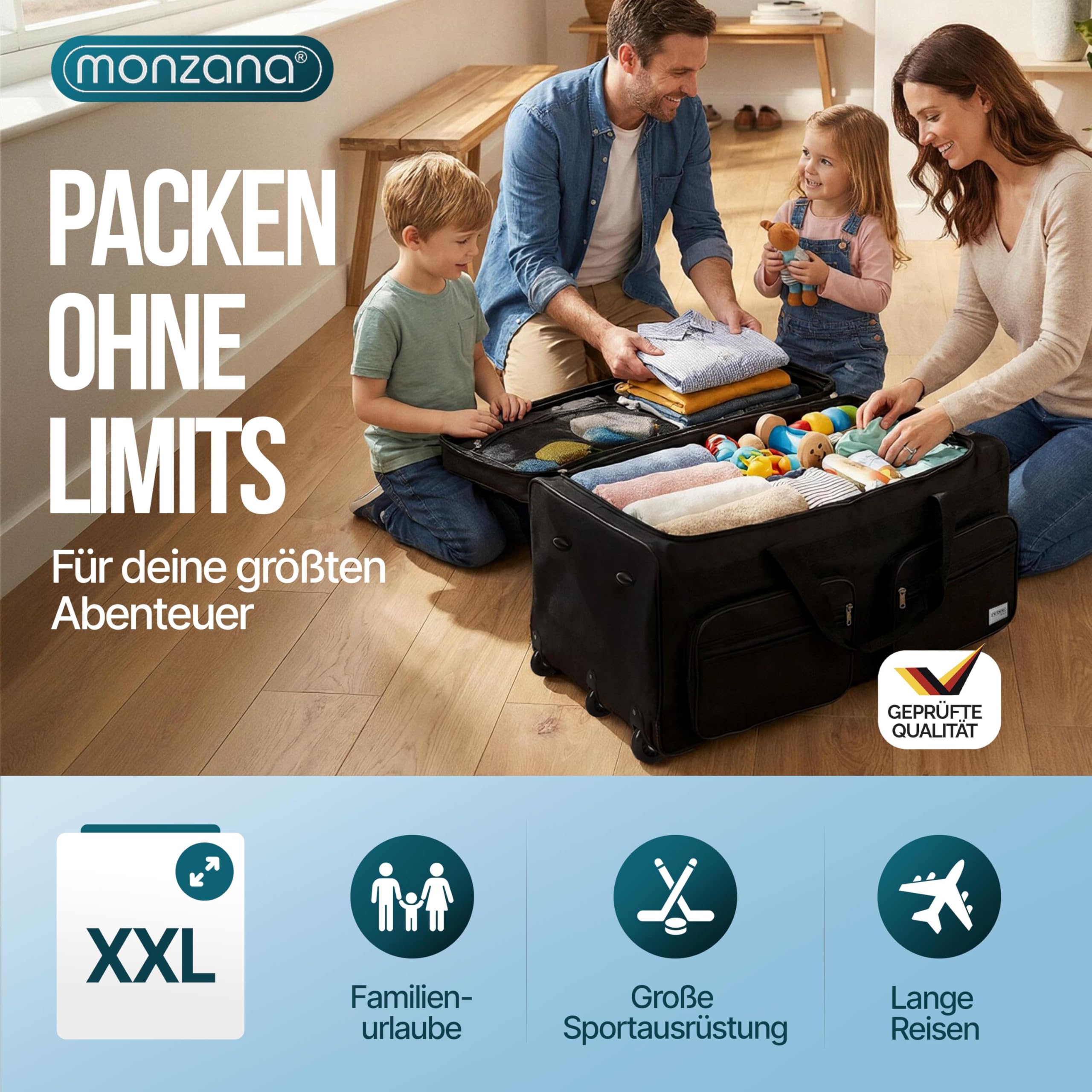 MONZANA® Sac de Voyage Trolley 160L 85x43x44cm Roulettes Poignée télescopique Grand Bagage Souple