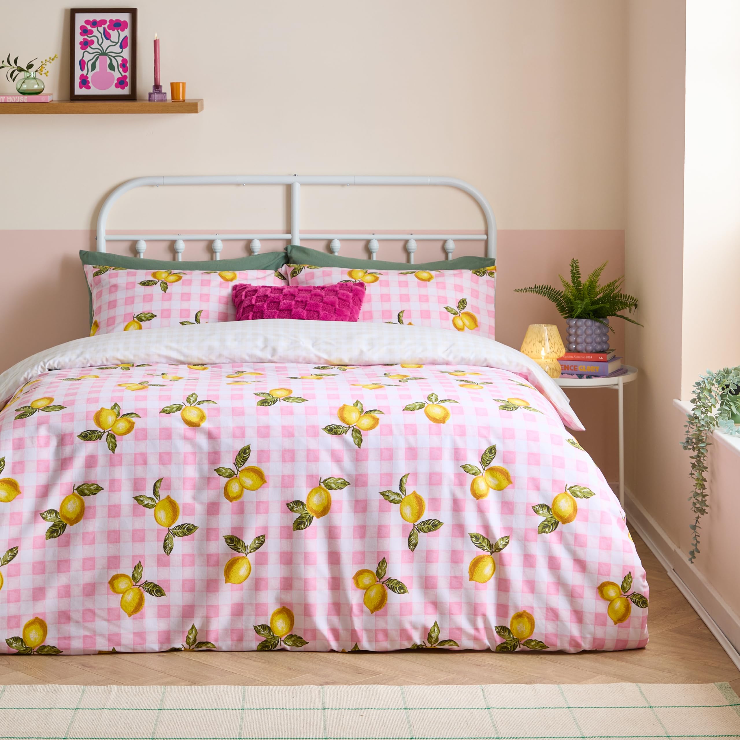 furn. Heya Home Gingham Lemons Duvet Cover Set – Reversible Soft & Durable Polycotton Fruit Bedding (Pink – Single – 137x200cm)