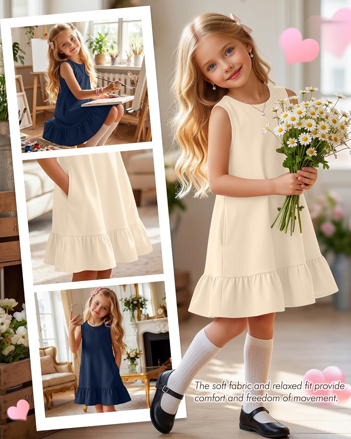 Halfchet 2 Pack Girls Dresses Sleeveless Summer Ruffle Hem Crewneck Sundresses Casual Loose Kids Teen Tank Dress with Pockets