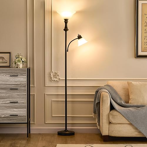 Miniatura 4 de Lámpara de pie Torchiere de 71 pulgadas para dormitorio con pantalla de cristal, lámparas de pie altas para sala de estar con luz de lectura de arco