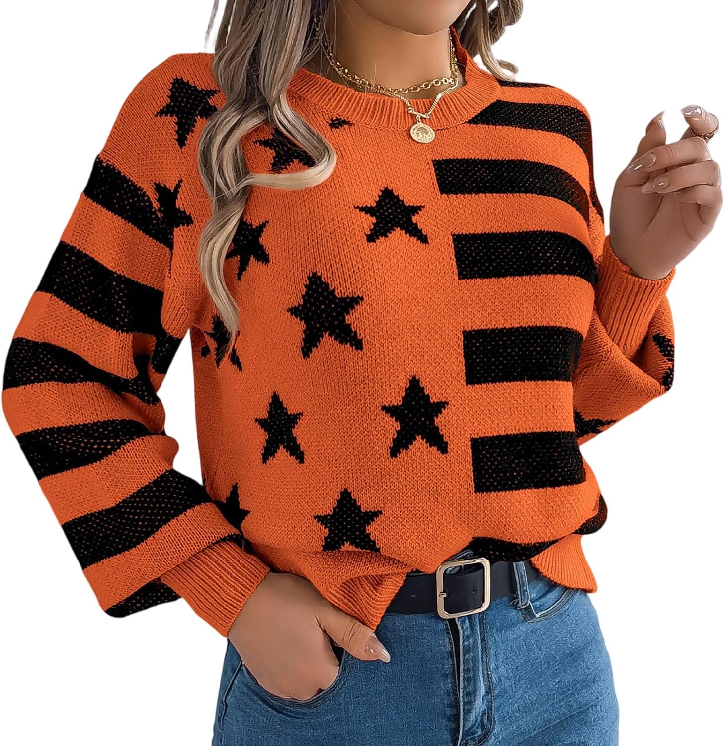 Cozy Sweaters for Women Crew Neck Long Sleeve Knit Printed Loose Pullover Sweater Outfits, S-XL