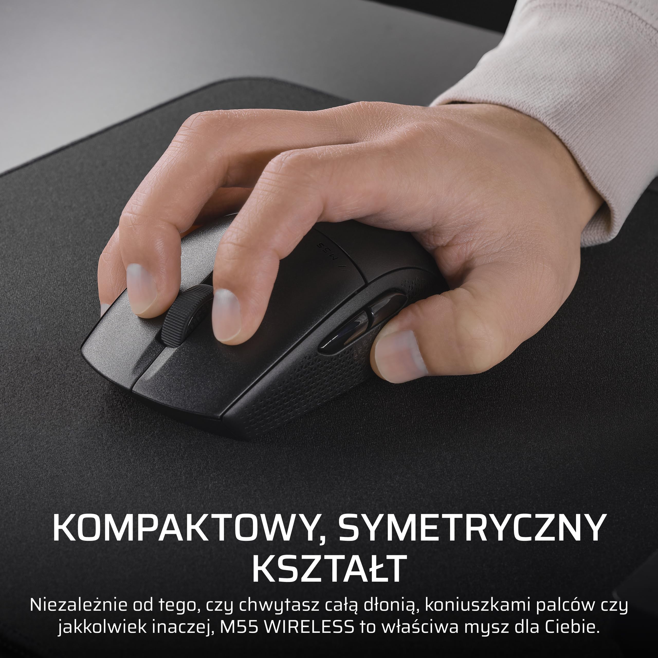 CORSAIR M55 WIRELESS Lekka FPS Mysz Gamingowa – 2.4GHz & Bluetooth – 24 000 DPI – Ultradługi czas Działania na Baterii – Sześć Programowanych Przycisków – Uchwyty Boczne o Fakturze – Czarny