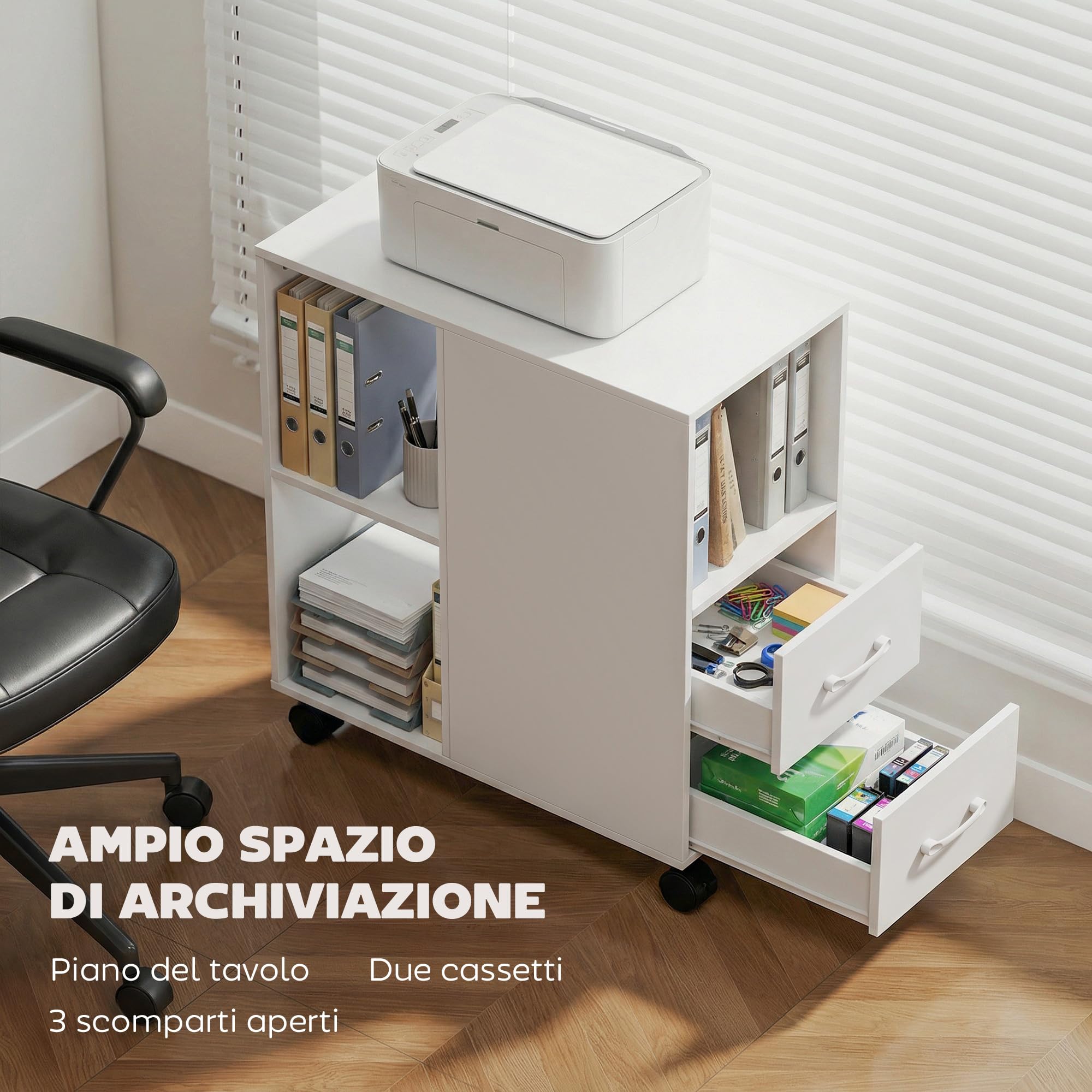 HOMCOM Mobile Porta Stampante a Rotelle con 2 Cassetti, Vano Aperto e Ripiano Regolabile, Mobile Stampante per Documenti da Ufficio e Studio, 60x30x65 cm, Bianco