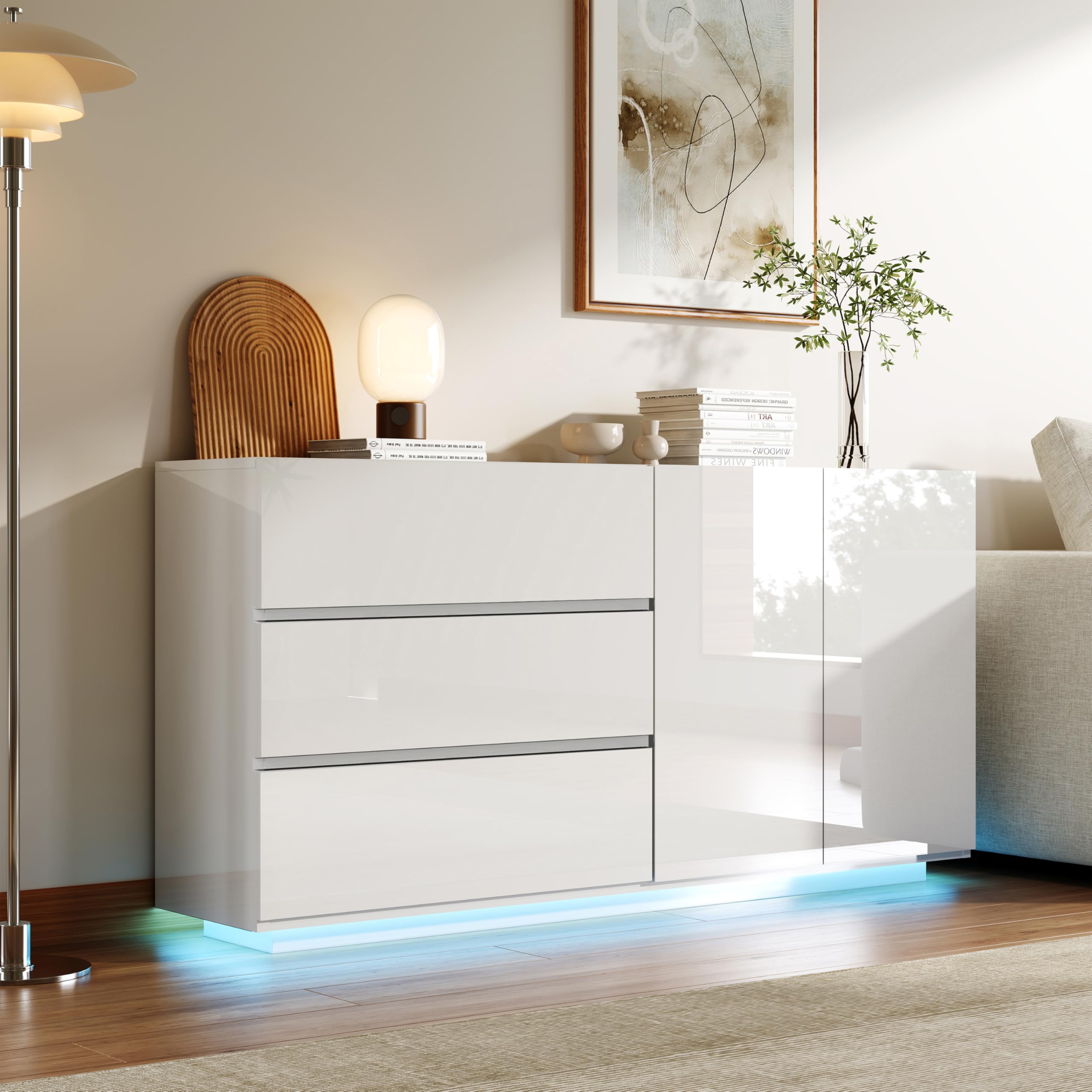 DULRLLY Kommode Weiß Hochglanz mit LED Beleuchtung, Sideboard Weiss Hochglanz 160cm mit 2 Türen und 3 Schubladen, Küchenschrank Buffets Anrichte, Buffetschrank Modern für Schlafzimmer Esszimmer Flur