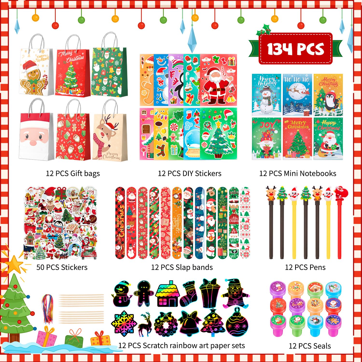 Lot de 134 cadeaux de Noël, décoration de Noël pour enfants