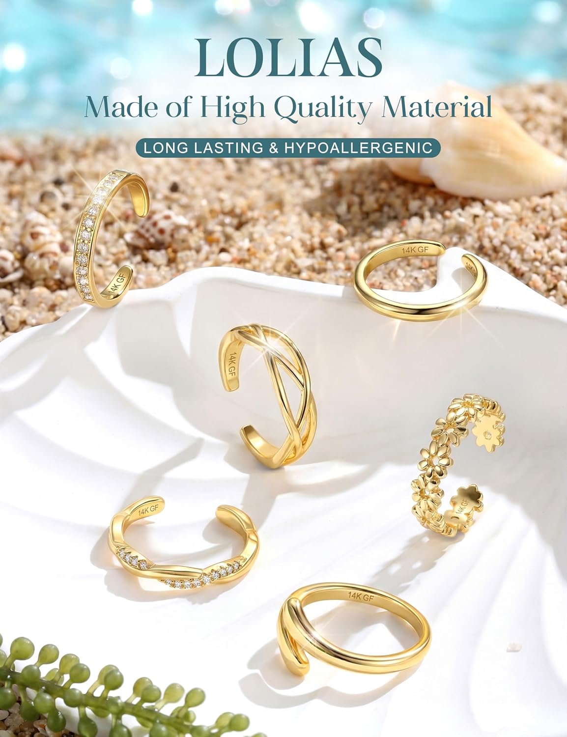 LOLIAS Toe Rings for Women - 14K Gold Filled Toe Rings Non Tarnish Dainty Adjustable Open CZ Toe Ring Set Silver Plated Summer Beach Foot Jewelry