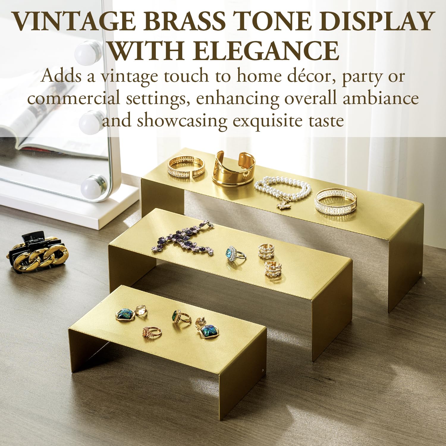 MyGift 3 Tier Perfume Display, Purse Display Stand, Risers Display Stand, Cascading Vintage Brass Tone Metal Nesting Cupcake Display Risers, Step Tiered Food Cake Dessert Serving Stands, 3-Piece Set