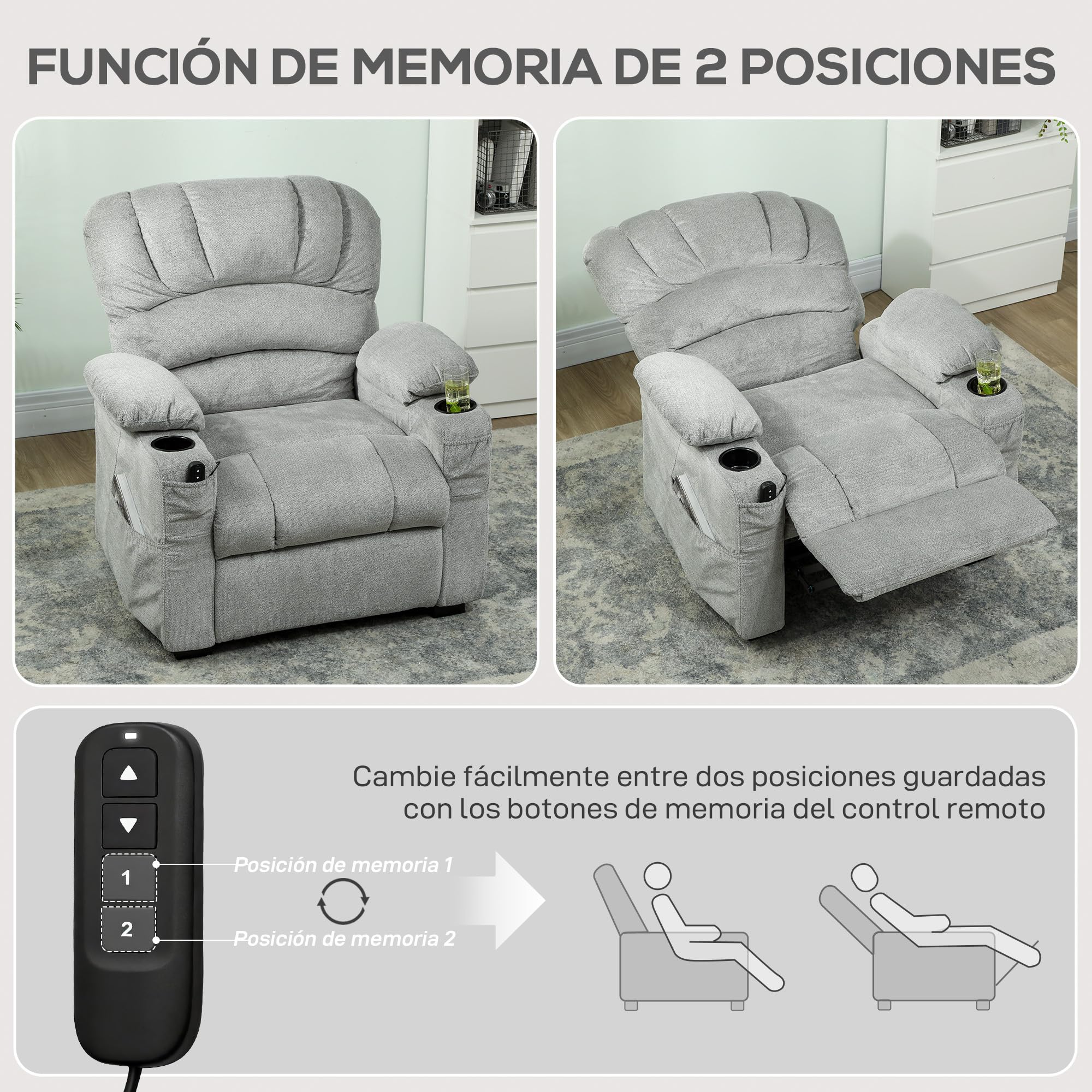 HOMCOM Sillón Relax Reclinable Eléctrico, Sillón Reclinable Silencioso de Terciopelo con Función Memoria, Reposapiés, Mando a Distancia, Bolsillos, Puerto USB, Portavasos, Respaldo Concha, Gris