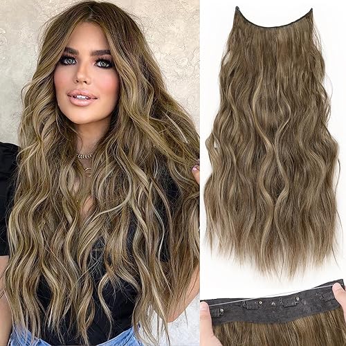 KooKaStyle Extensiones de cabello de alambre invisible con diadema transparente, tamaño ajustable, 4 clips de seguridad, largo, ondulado, alambre