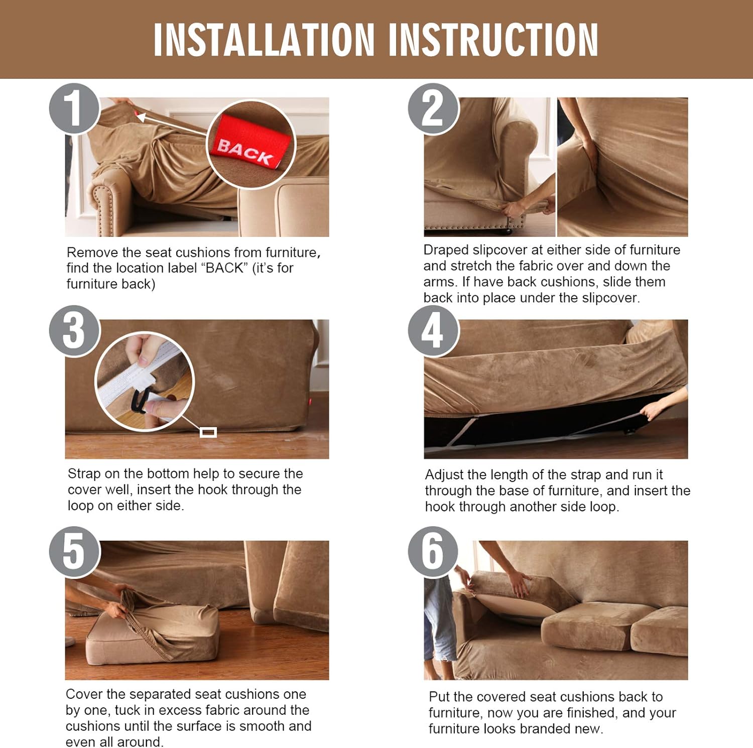 ele ELEOPTION Sofa Cover Velvet Sofa Covers Plush Stretch Couch Covers with Cushion Covers for Living Room, Secure with Straps (Coffee, 2 Seat)