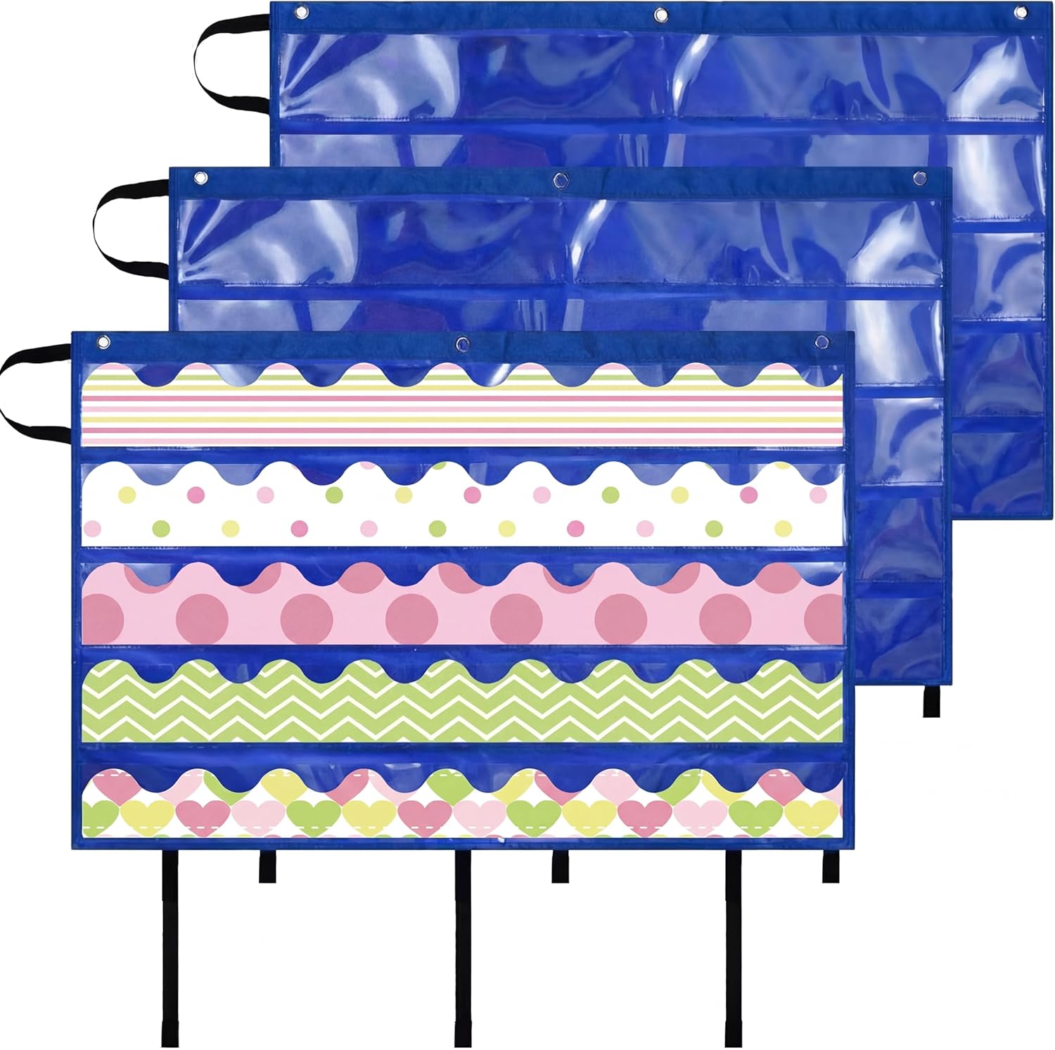 Crtiin 3 Pcs Foldable Bulletin Border Storage Pocket Chart 41 x 24.5 Inch Classroom Bulletin Board Border Organizer Storage Box for Teachers(Blue)