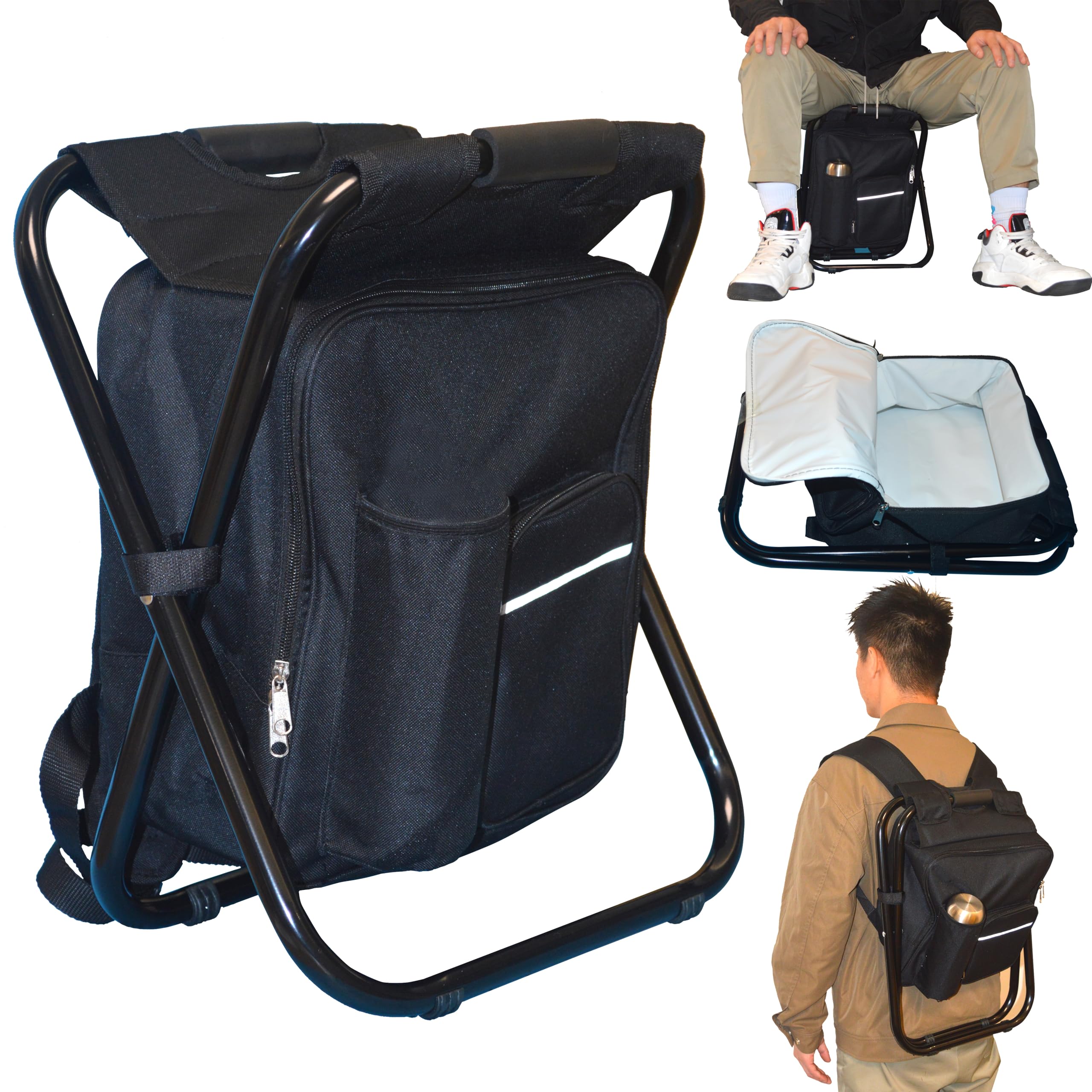 Silla de Mochila, Taburete Plegable para Silla de Camping con Bolsa Refrigeradora, Taburete de Camping Portátil 3 en 1, Tela Oxford de PVC 600D, para Pesca,Camping,Caza,Trekking,Picnic,Barbacoa