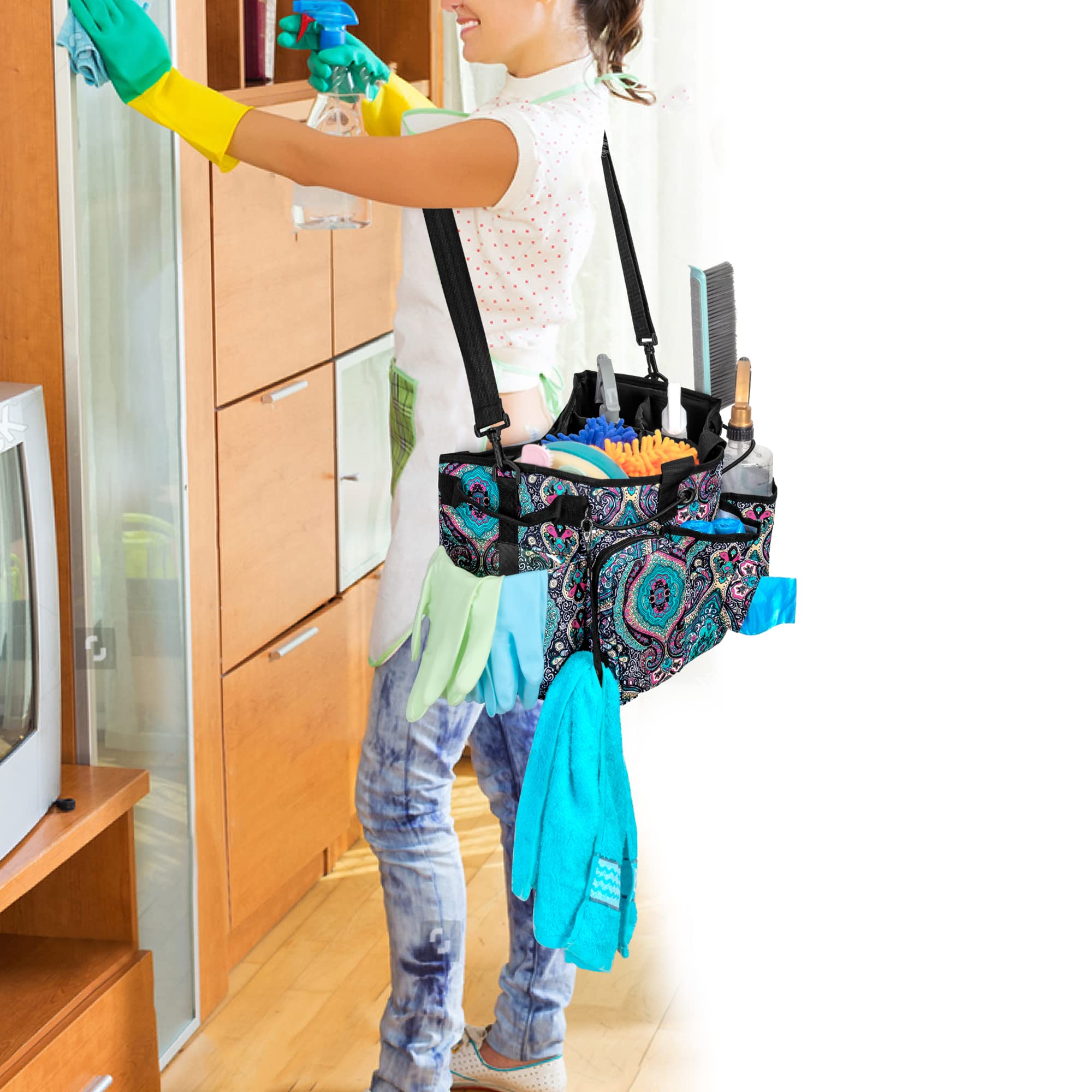 LoDrid Bolsa de limpieza con separador desmontable, tótem | Organizador de suministros con asa y correa para el hombro, bolsas de limpieza para personal de limpieza y amas de casa