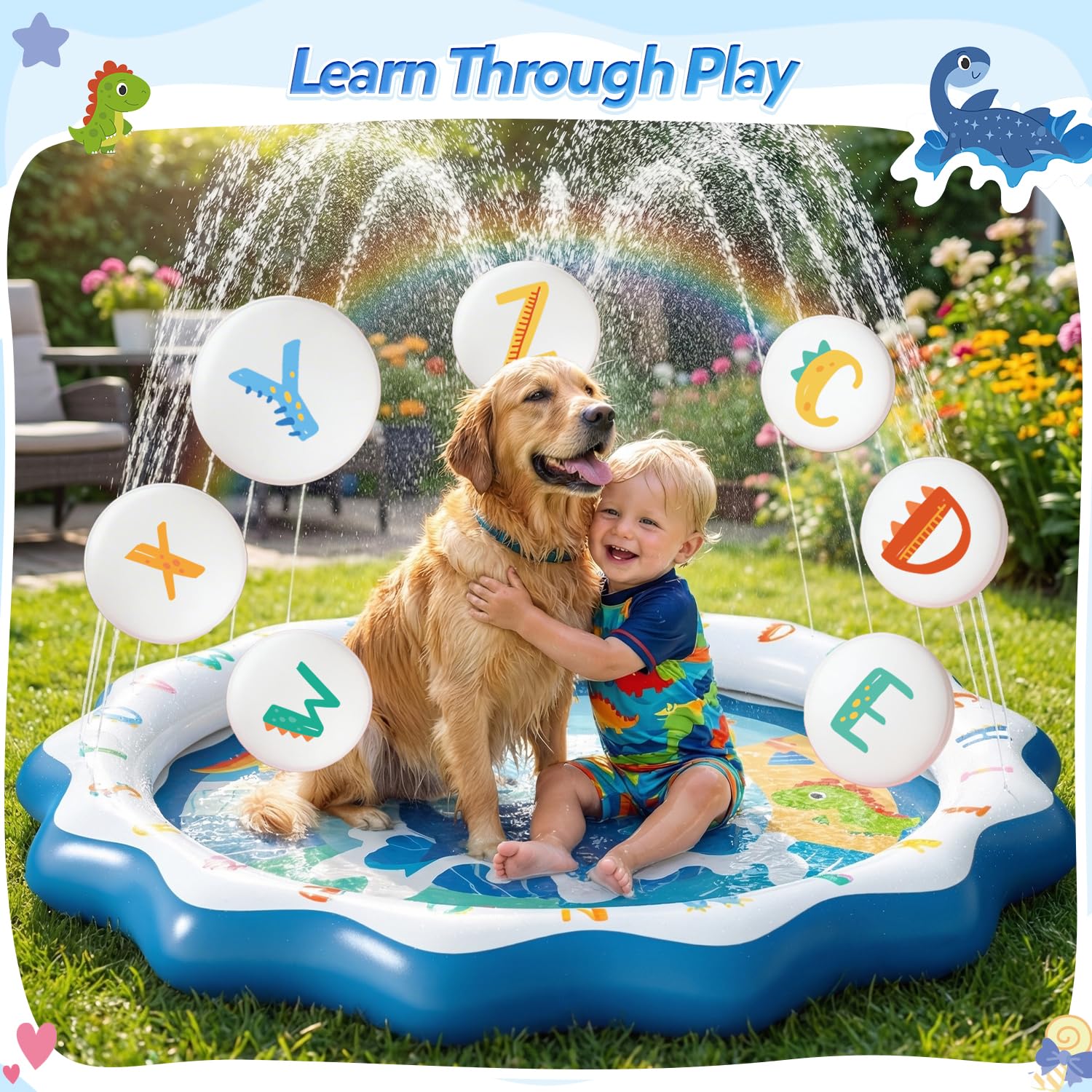 Skirfy Dinosaurier Splash Pad, Sprinkler-Spielmatte, 170 cm Sommer-Wasserspielzeug für Kinder, Wasserspritzmatte für Outdoor-Familienaktivitäten, Partys, Strand und Garten, 170 cm