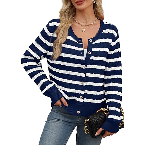WIHOLL Women's Cable Knit Cardigan Sweaters Long Sleeve Open Front Button Up Cropped Clothes 2024 Fall Fashion