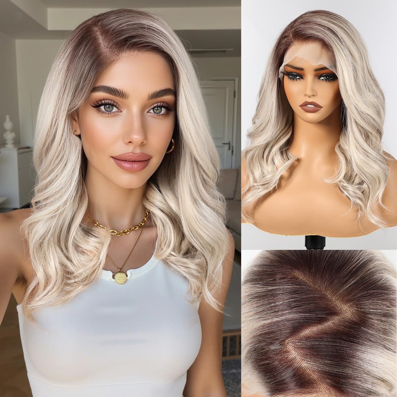 HAIRCUBE 13x6 HD Synthetic Lace Front Wig, 16 Inch Ombre Ash Blonde Curly Wig Glueless Wig with Natural Density Hairline & Adjustable Cap 13x6 Lace Ash Blonde
