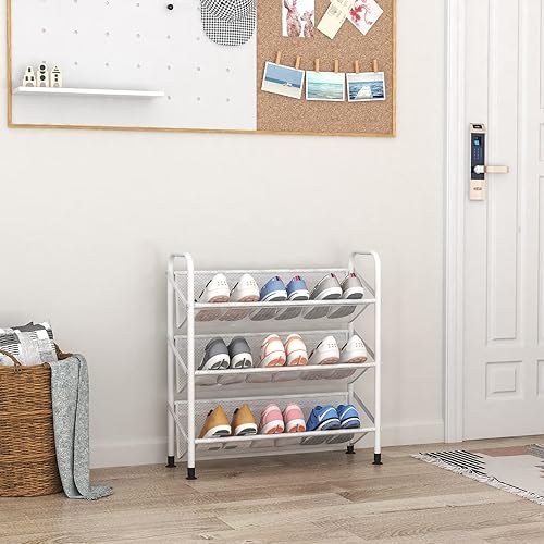 Miniatura 8 de Zapatero de 3 niveles para armario, zapatero de tela de malla de metal, estante organizador de almacenamiento de zapatos pequeño para entrada,