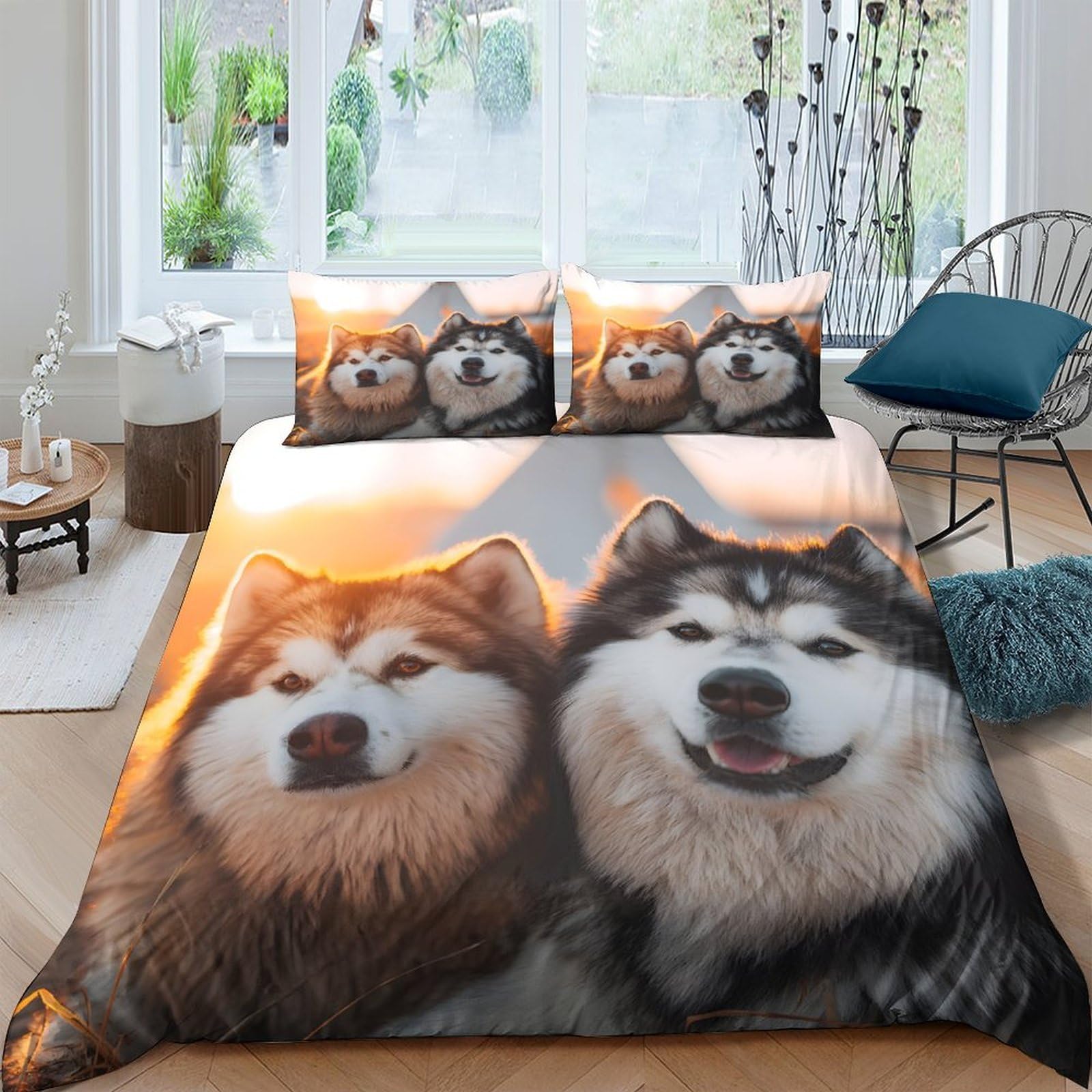 GPLZQXKJNH 3D Printed Husky Malamute Dogs Duvet Cover Microfiber Soft Breathable Sunset Bedding Set with 2 Pillowcases for Bedroom Decor Single（135x200cm）