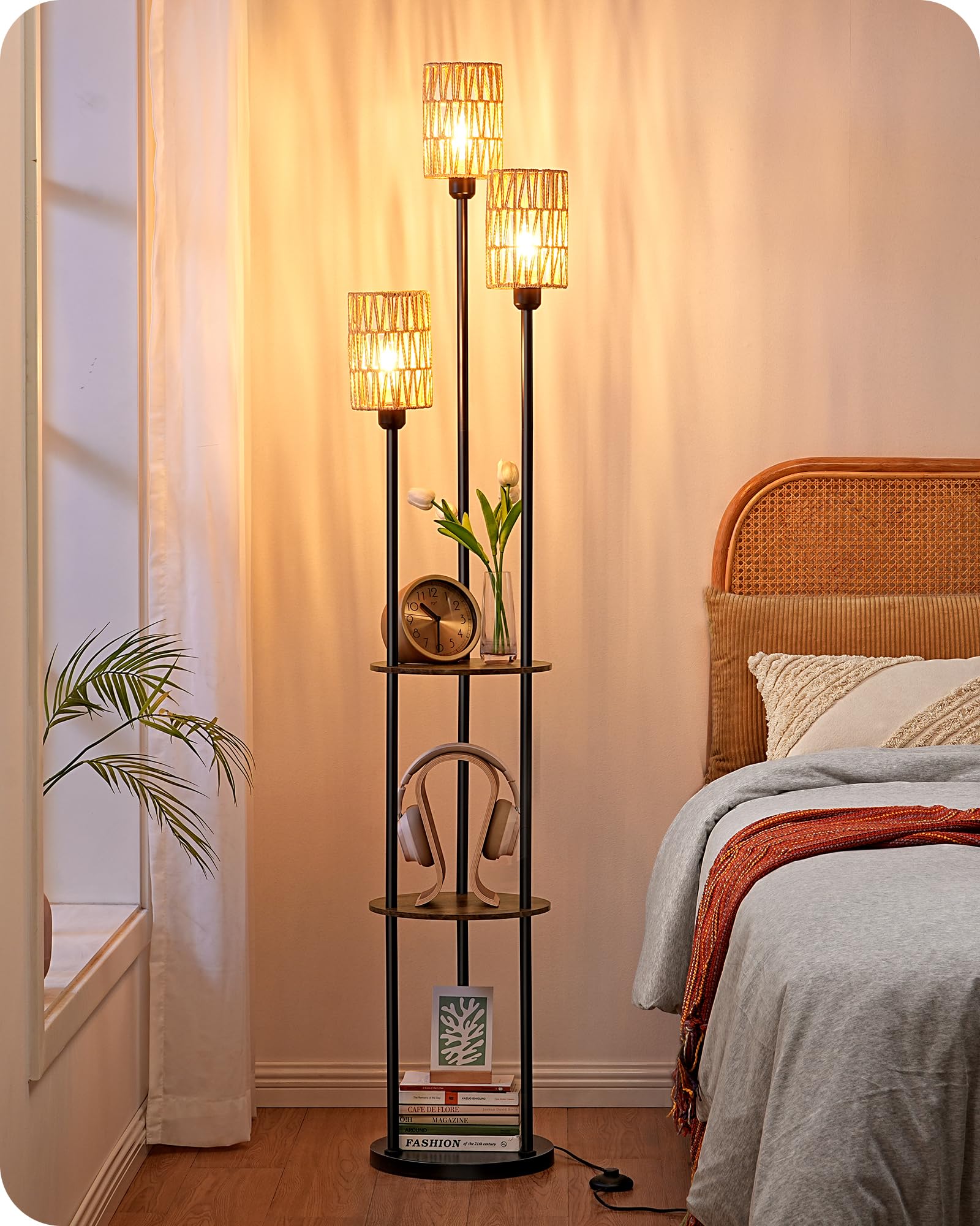 EDISHINE Stehlampe Wohnzimmer 178cm, 3-flammige Vintage Stehleuchte mit Regal & Rattan-Lampenschirm, 3 x E27-Fassung, inkl. Leuchtmittel, Boho Stehlampe mit Fußschalter für Schlafzimmer und Büro