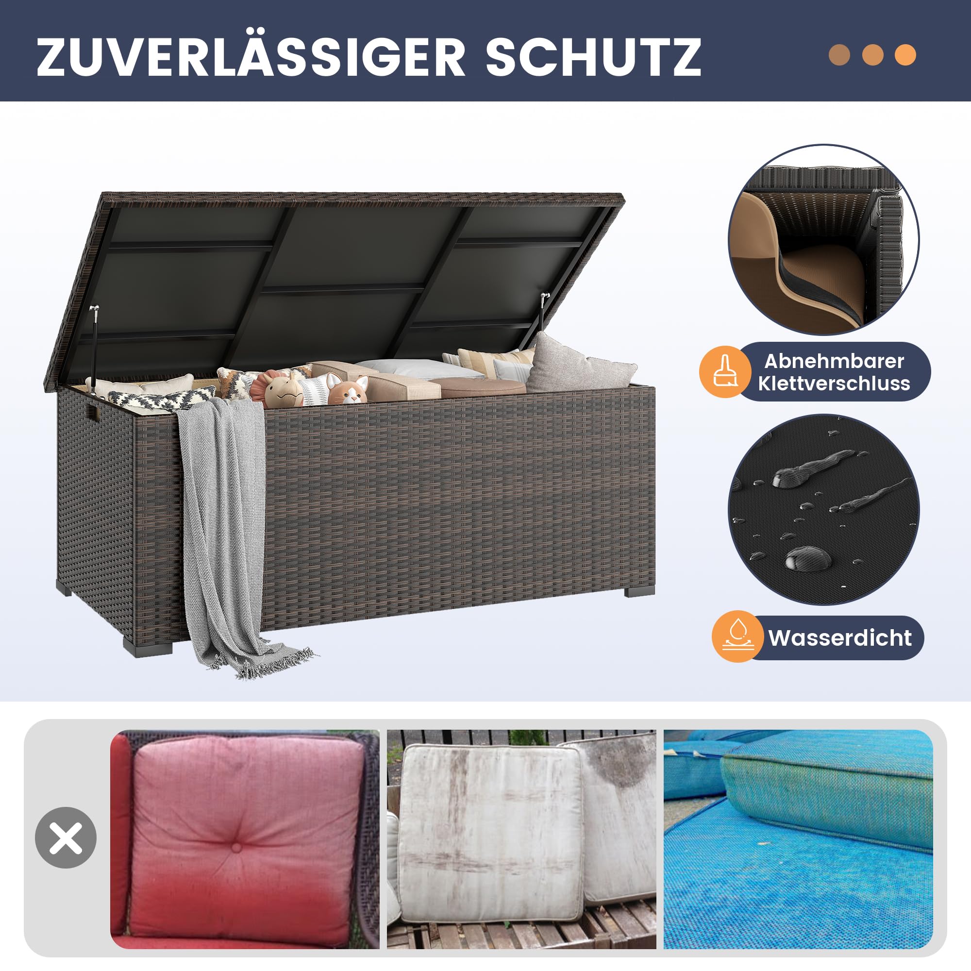 UDPATIO Gartenbox Wasserdicht 870L, Aufbewahrungsbox Garten XXXL, Auflagenbox Wetterfest, Kissenbox Outdoor mit Deckel, Gasdruckfedern, ideal für Garten, Terrasse & Balkon | Braun