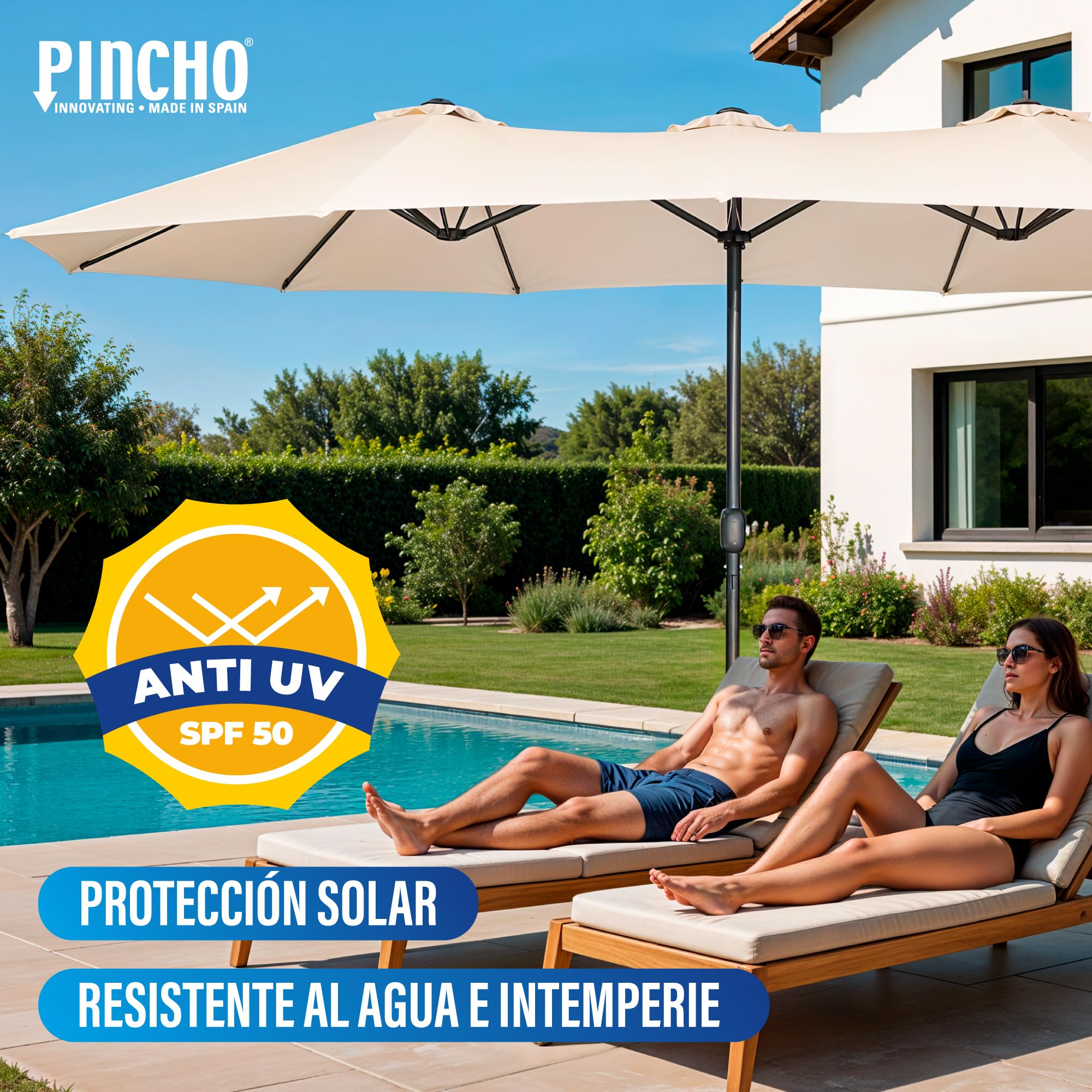 Pincho Sombrilla Parasol Doble para Jardín 4,60x2,70x2,38 m Sombrilla Gigante Anti UV con Manivela para Exterior Patio Terraza Piscina Color Beige