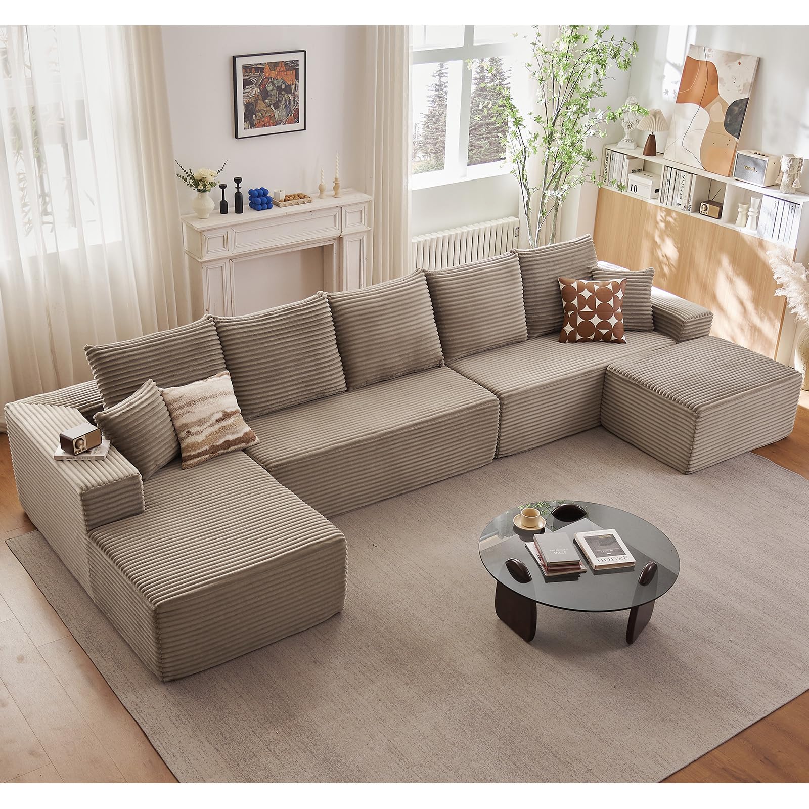 Lakifun 166.9" L-Shape Sofa with Ottoman, Modern Modular Sectional Comfy U-Shape Cloud Couch, Deep Seat, Upholstered Corduroy Sleeper Chaise Longue for Living Room Bedroom, No Assembly Required, Camel