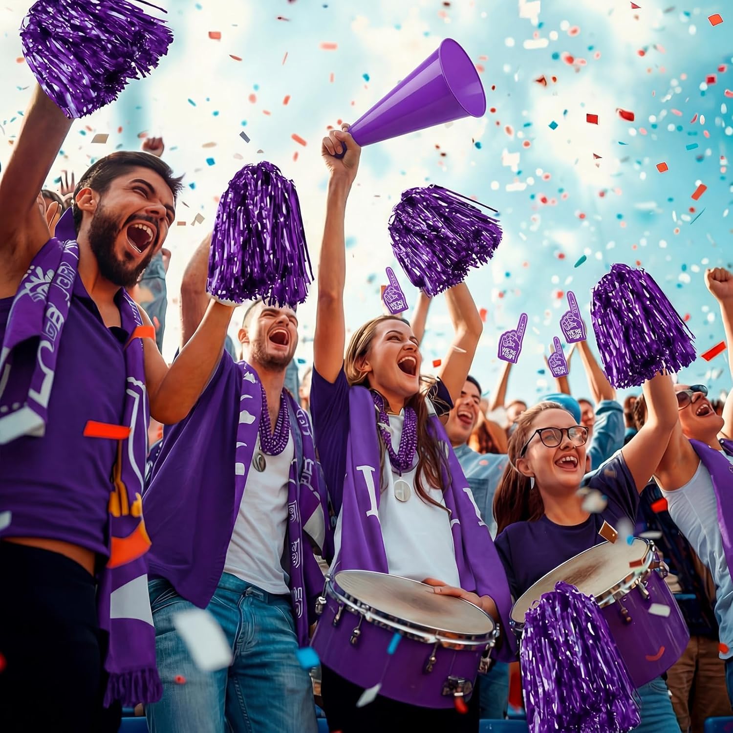 12 Set Team Spirit Accessories for Cheerleading Cheer Megaphone Pom Poms and We're #1 Fan Foam Finger Cheerleader Gifts for Sports Events Football Baseball Cheering Supplies