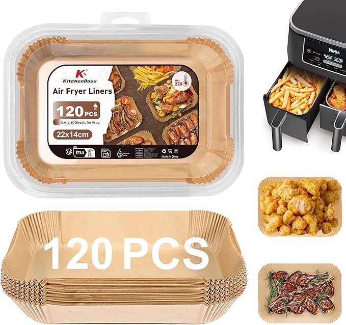KitchenBoss 120Pcs Air Fryer Liners: 8.6x5.5inch [22x14cm] Rectangular Airfryer Liner, Non-Stick, Greaseproof Disposable Parchment Paper Liners, Food Grade Paper for Ninja AF300UK AF400UK
