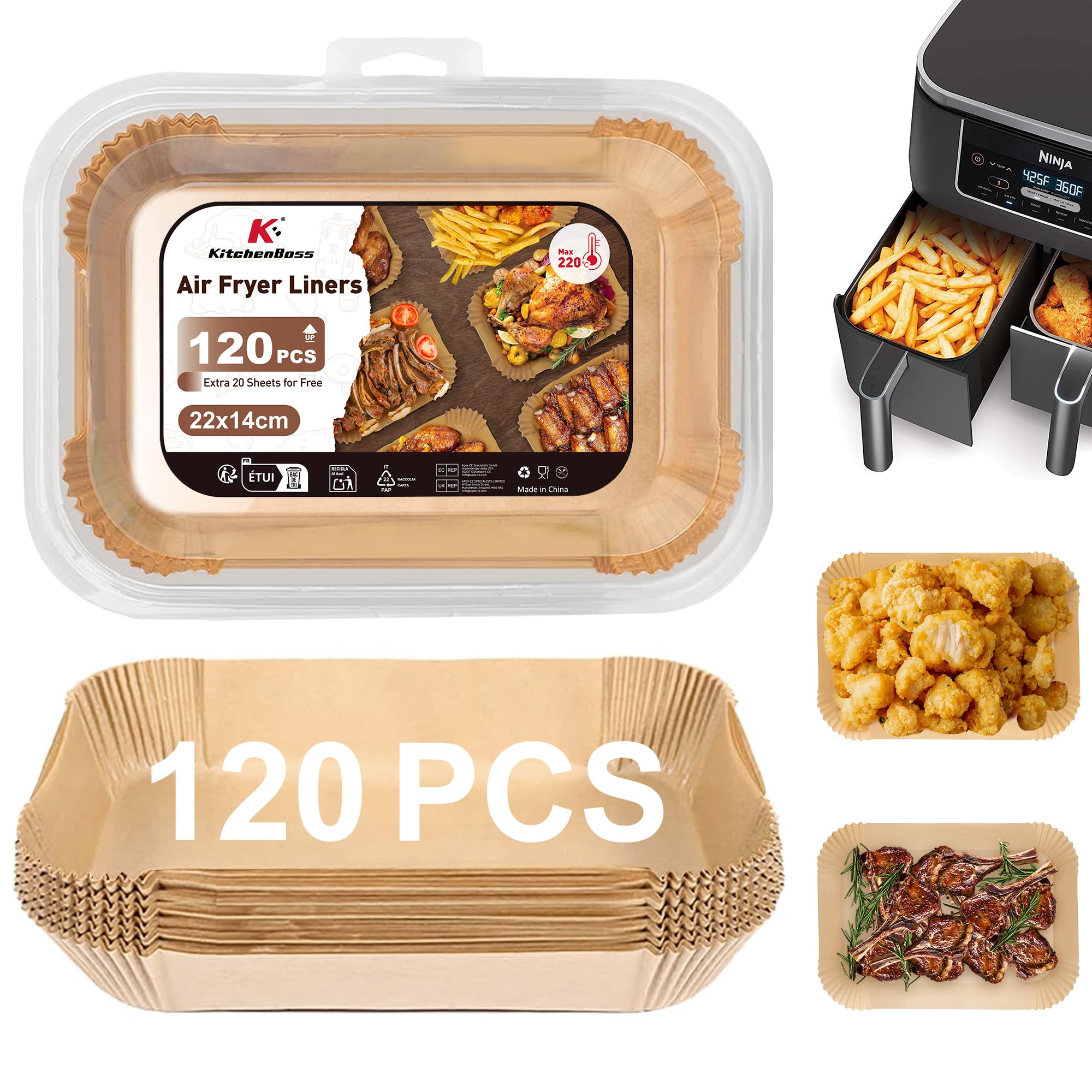 KitchenBoss 120Pcs Air Fryer Liners: 8.6x5.5inch [22x14cm] Rectangular Airfryer Liner, Non-Stick, Greaseproof Disposable Parchment Paper Liners, Food Grade Paper for Ninja AF300UK AF400UK